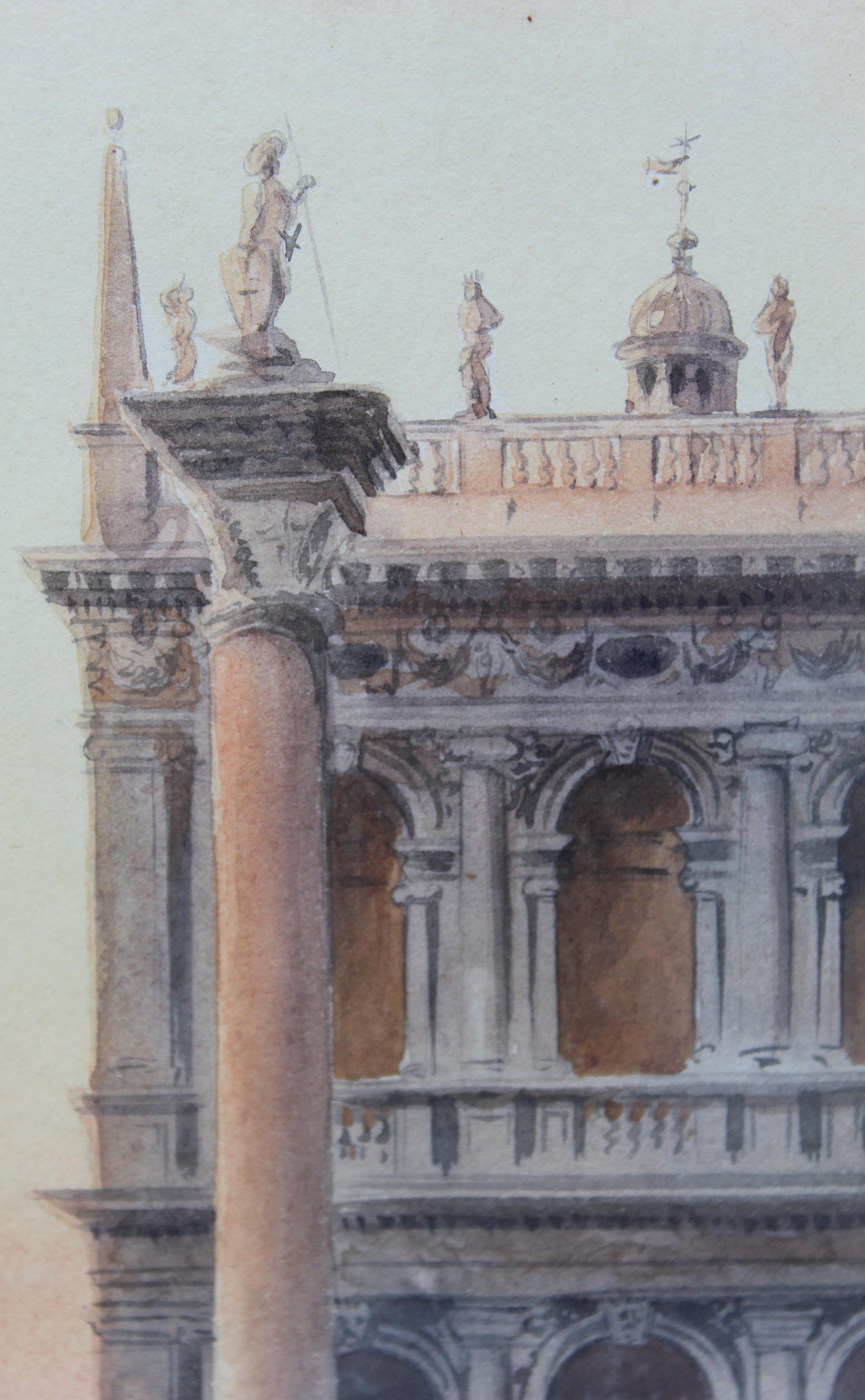 19th Century Italian painting Watercolor View of Venice St Mark Square Signed For Sale 2