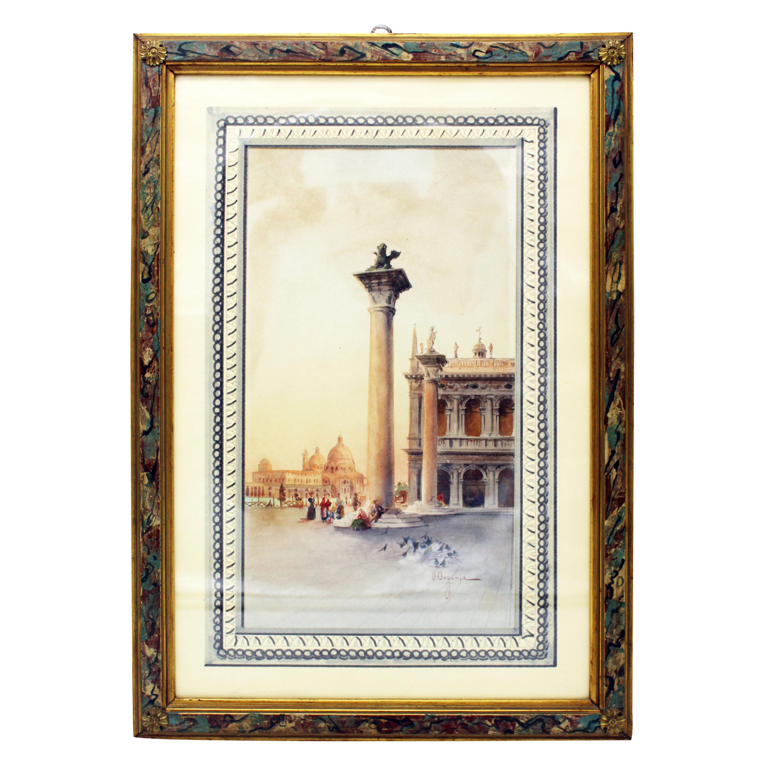 19th Century Italian painting Watercolor View of Venice St Mark Square Signed For Sale
