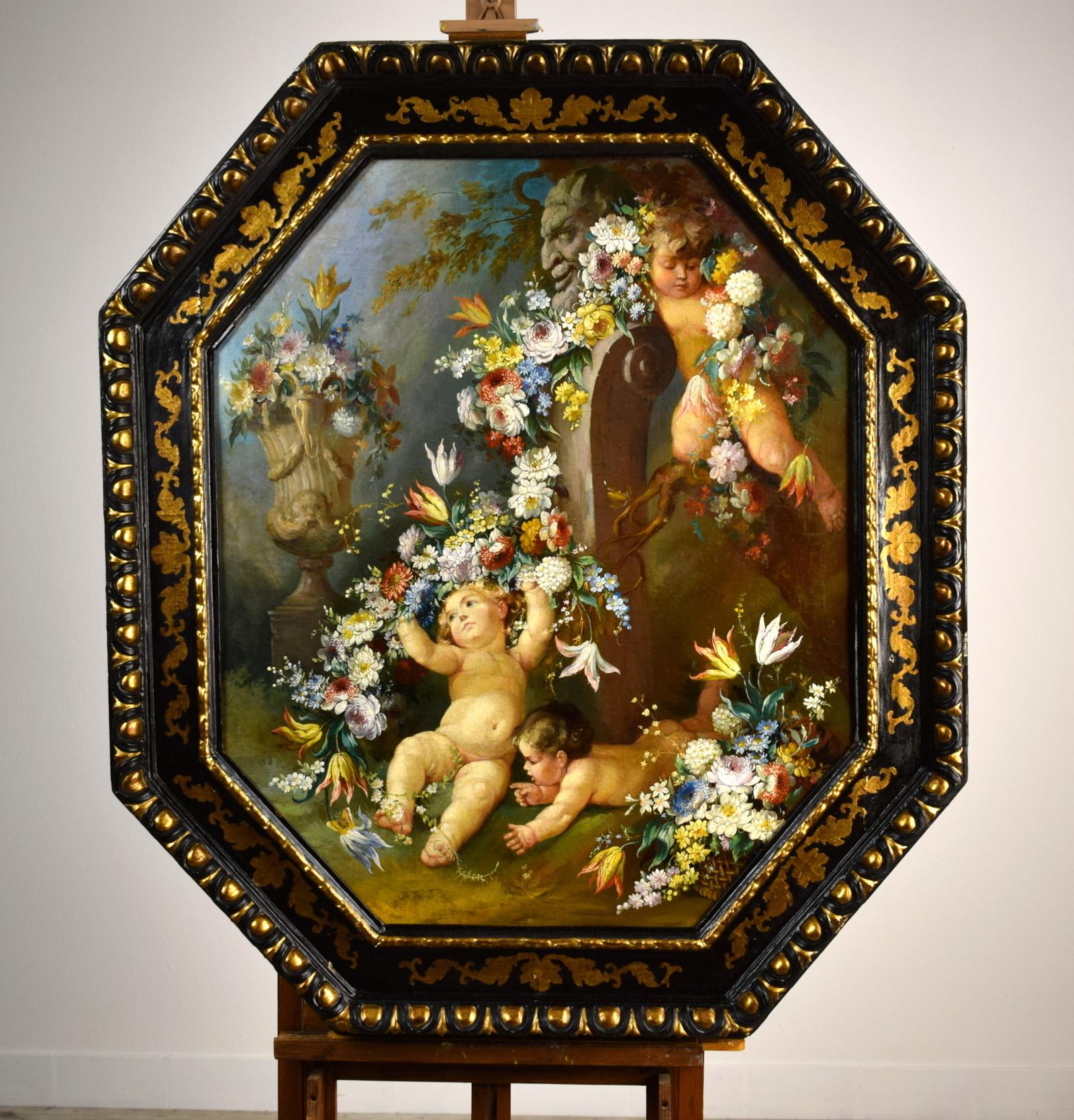 19th century Roman painter

Still life with cherubs, flower festoons and herma with faun

Measures: Oil on canvas, cm H 78 x W 95 without frame
Cm H 122.00 x W 106 x D 8 with frame.


The work, painted in oil on canvas, octagonal in shape,