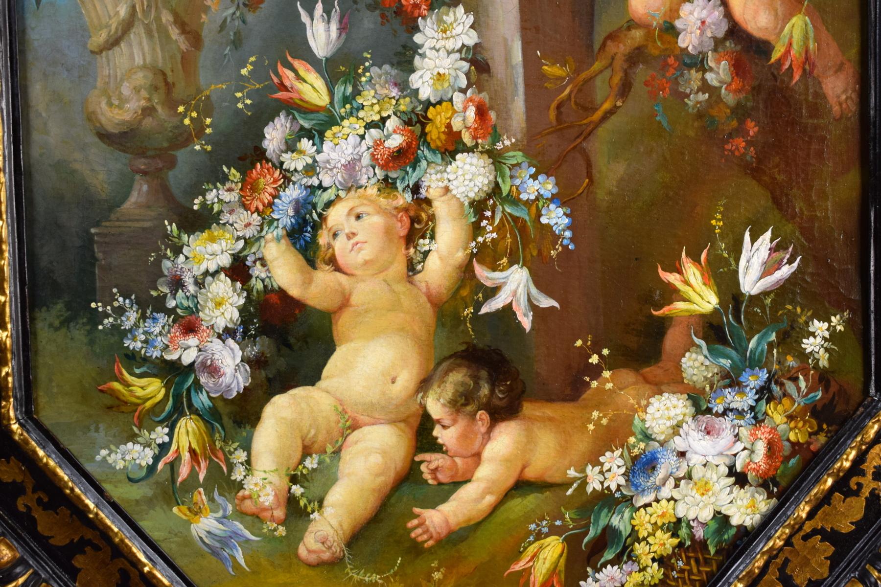 Baroque 19e siècle, peinture italienne avec nature morte aux chérubins en vente