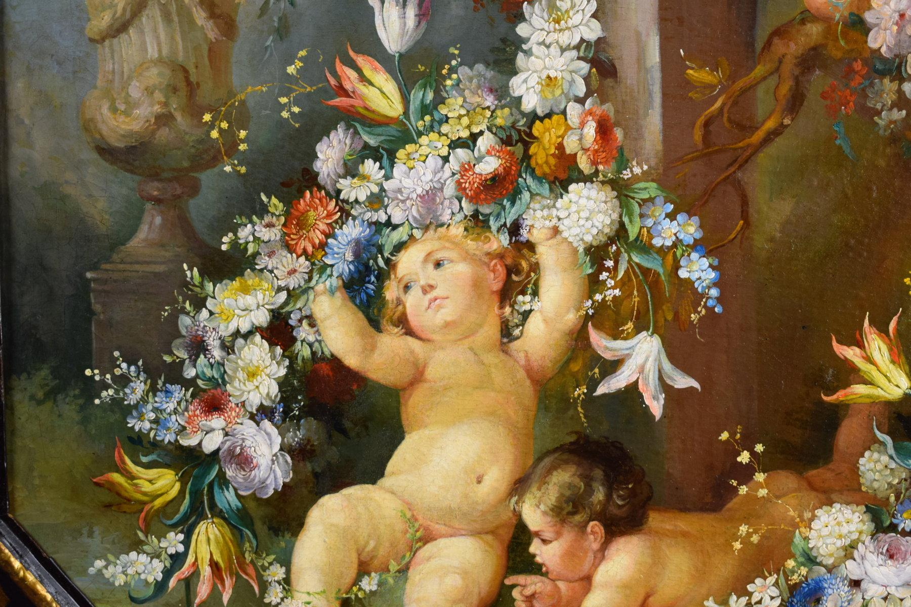 Peint à la main 19e siècle, peinture italienne avec nature morte aux chérubins en vente