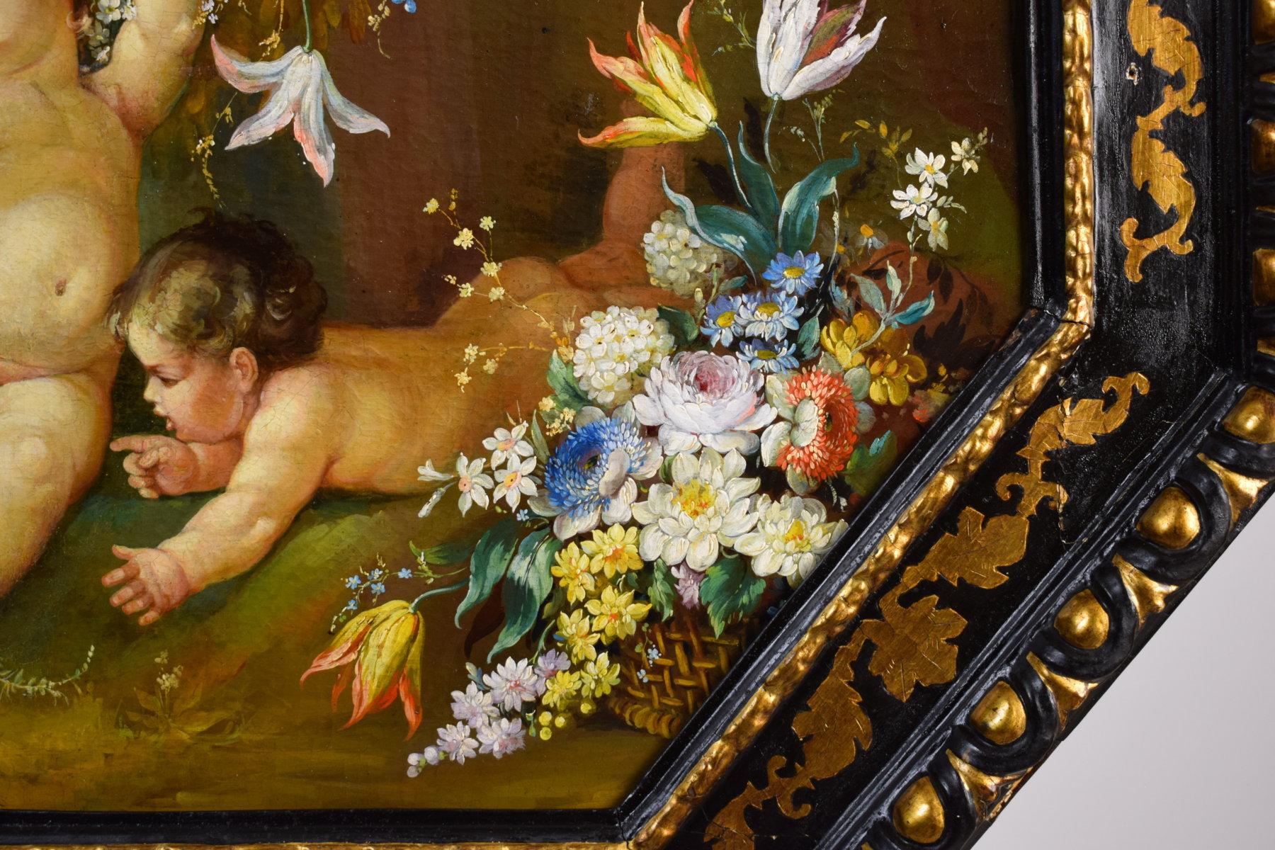 Hand-Painted 19th Century, Italian Painting with Still Life with Cherubs For Sale