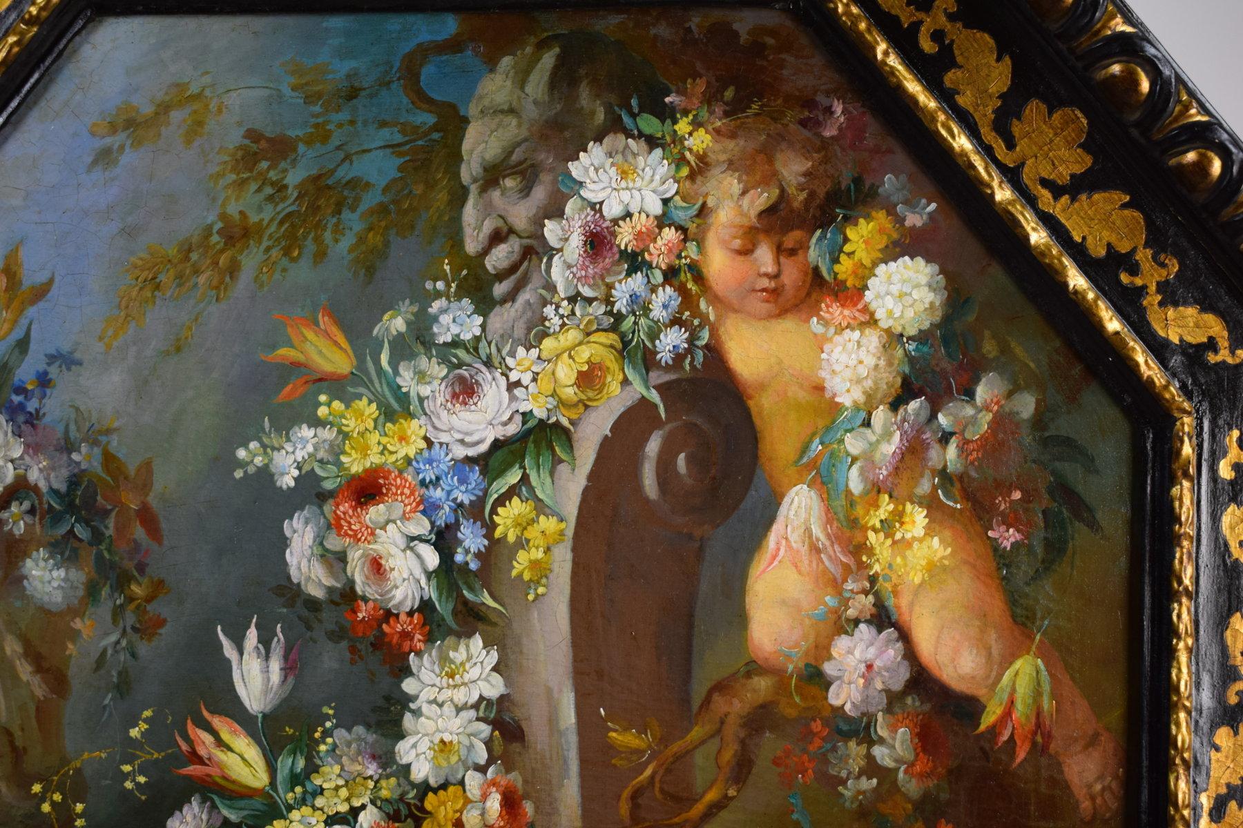 Canvas 19th Century, Italian Painting with Still Life with Cherubs For Sale