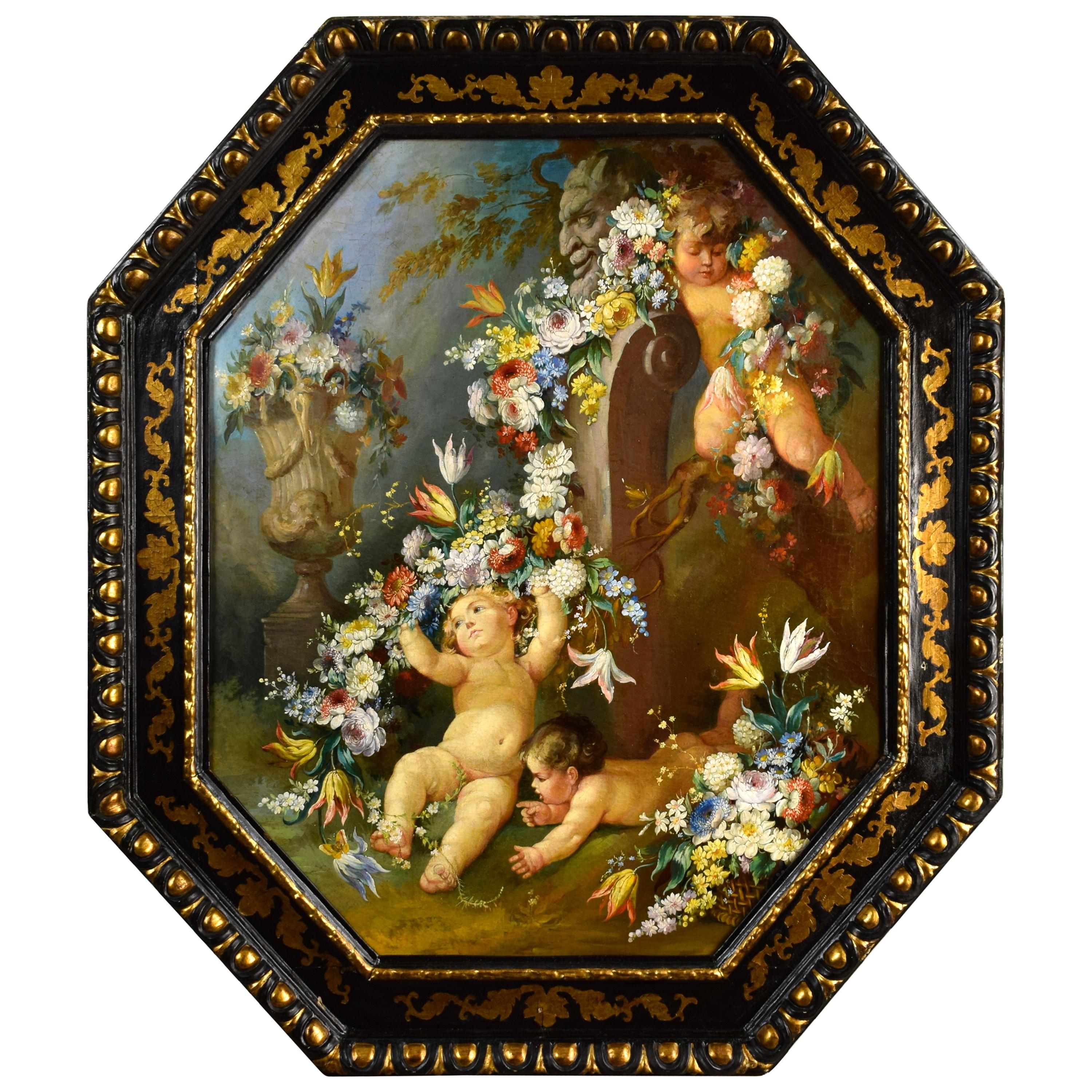 19th Century, Italian Painting with Still Life with Cherubs