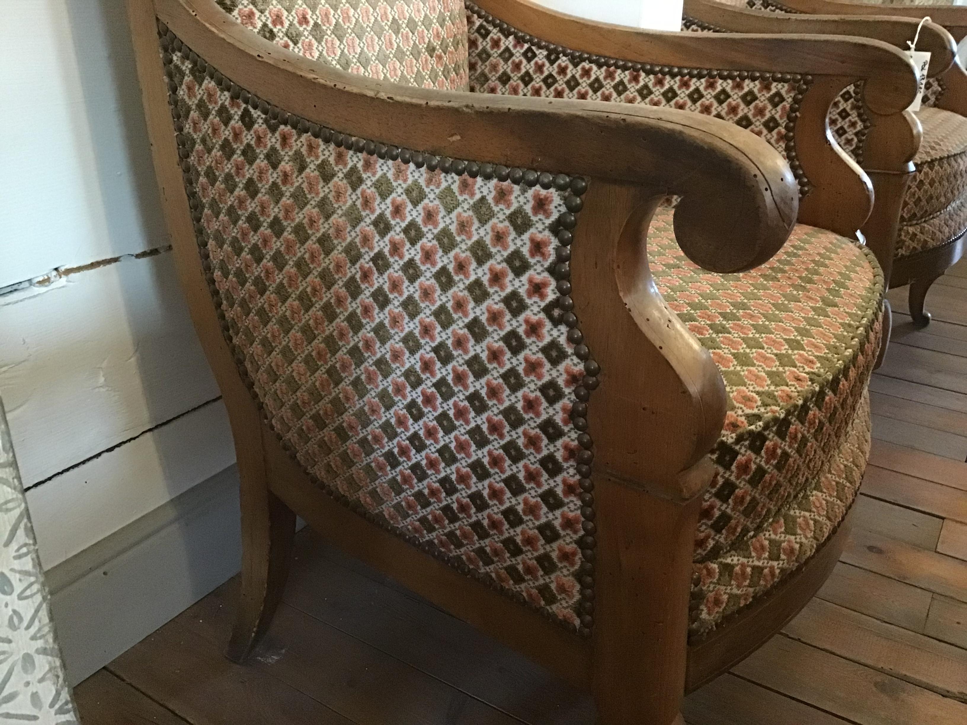 19th Century Italian Pair of Biedermeier Armchairs with Original Fabric, 1860s For Sale 1