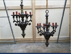 19th Century Italian Pair of Black Painted Wooden Chandeliers, 1890s