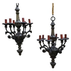 19th Century Italian Pair of Black Painted Wooden Chandeliers, 1890s