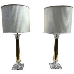 19th Century Italian Pair of Brass and Glass Table Lamp with Fabric Lampshades