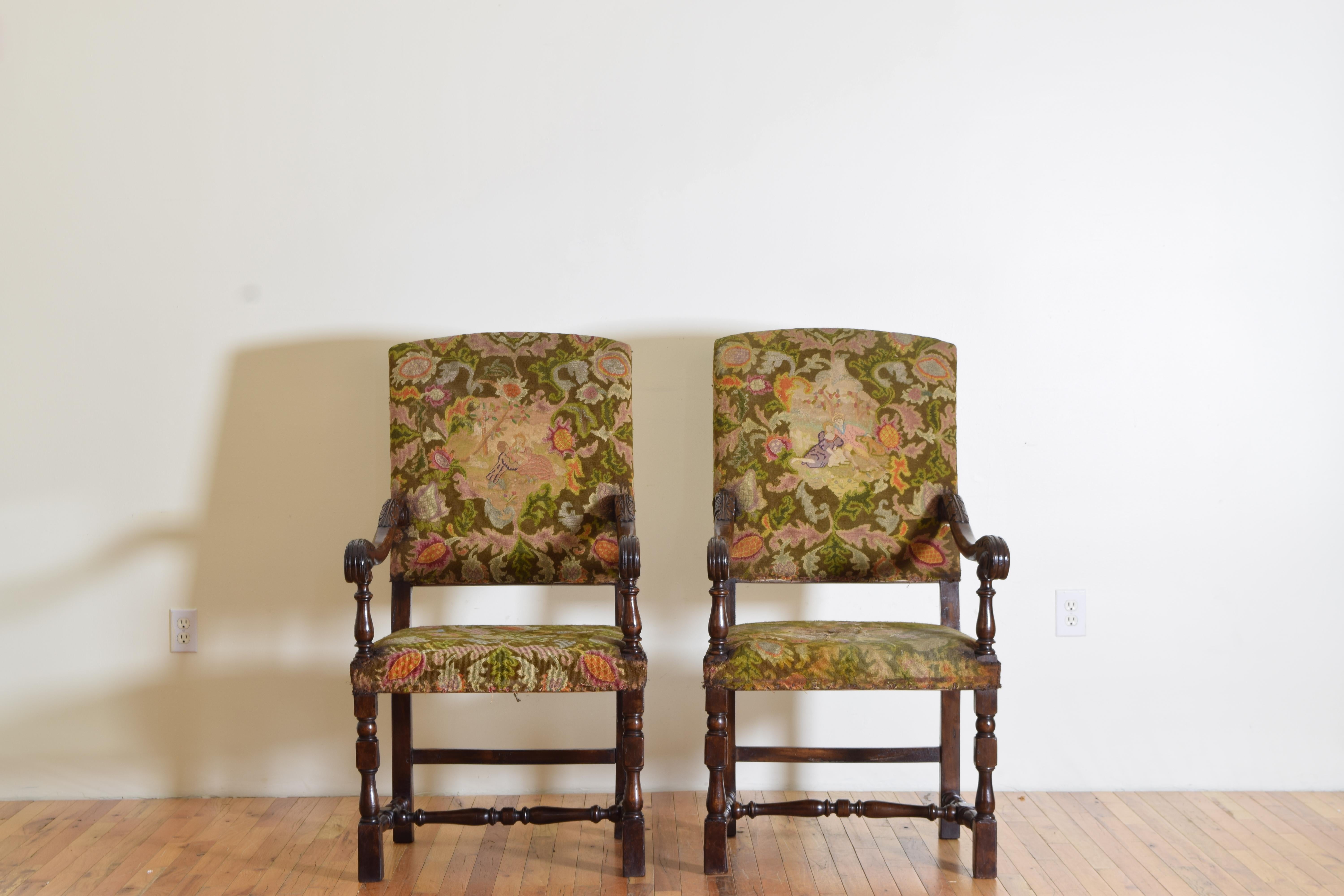 Hand-Carved 19th Century Italian Pair of Carved Walnut Louis XIII Armchairs