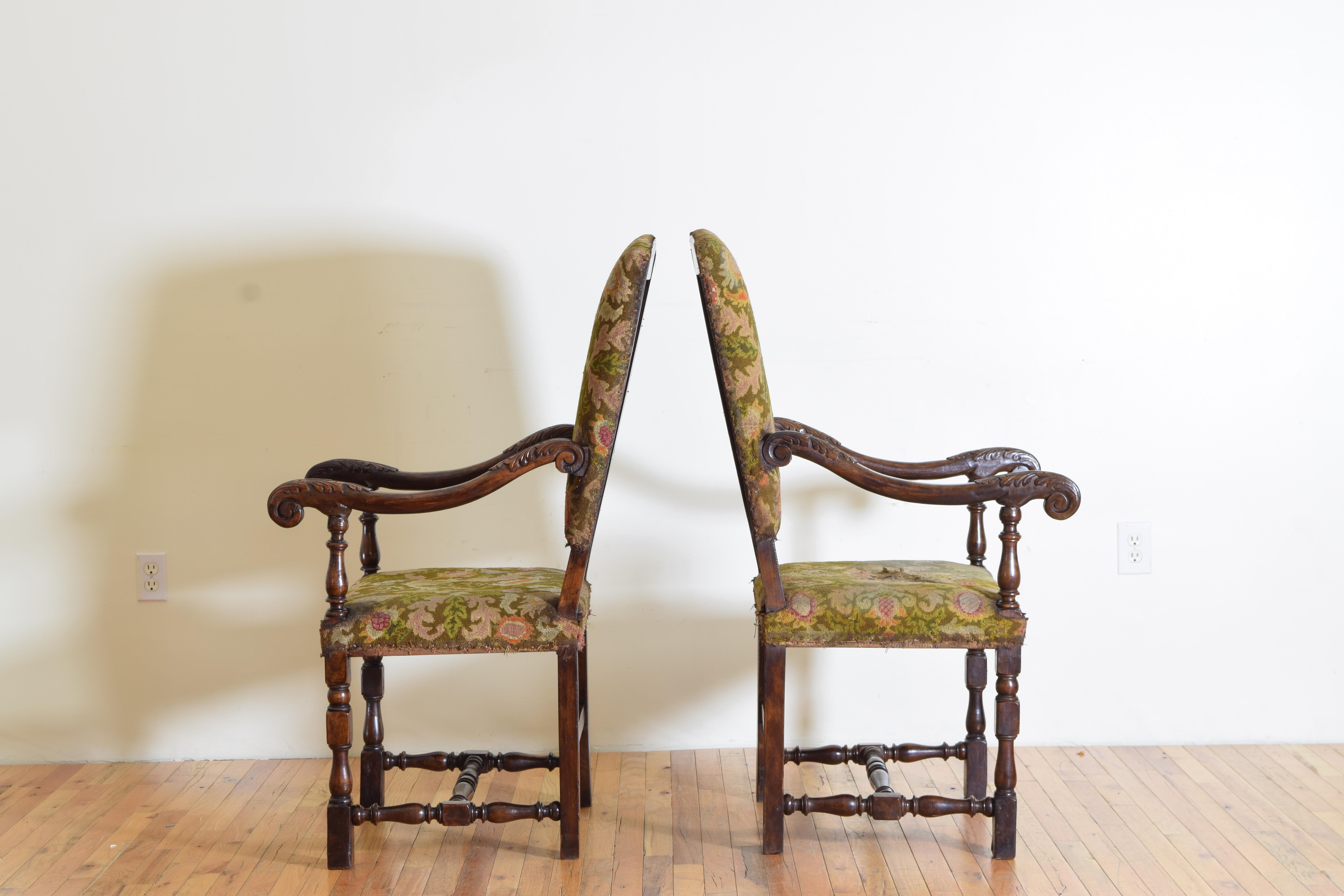 19th Century Italian Pair of Carved Walnut Louis XIII Armchairs In Good Condition In Atlanta, GA