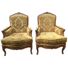 Antique 19th Century Italian Pair of Carved Wood Armchairs with Original Upholstery