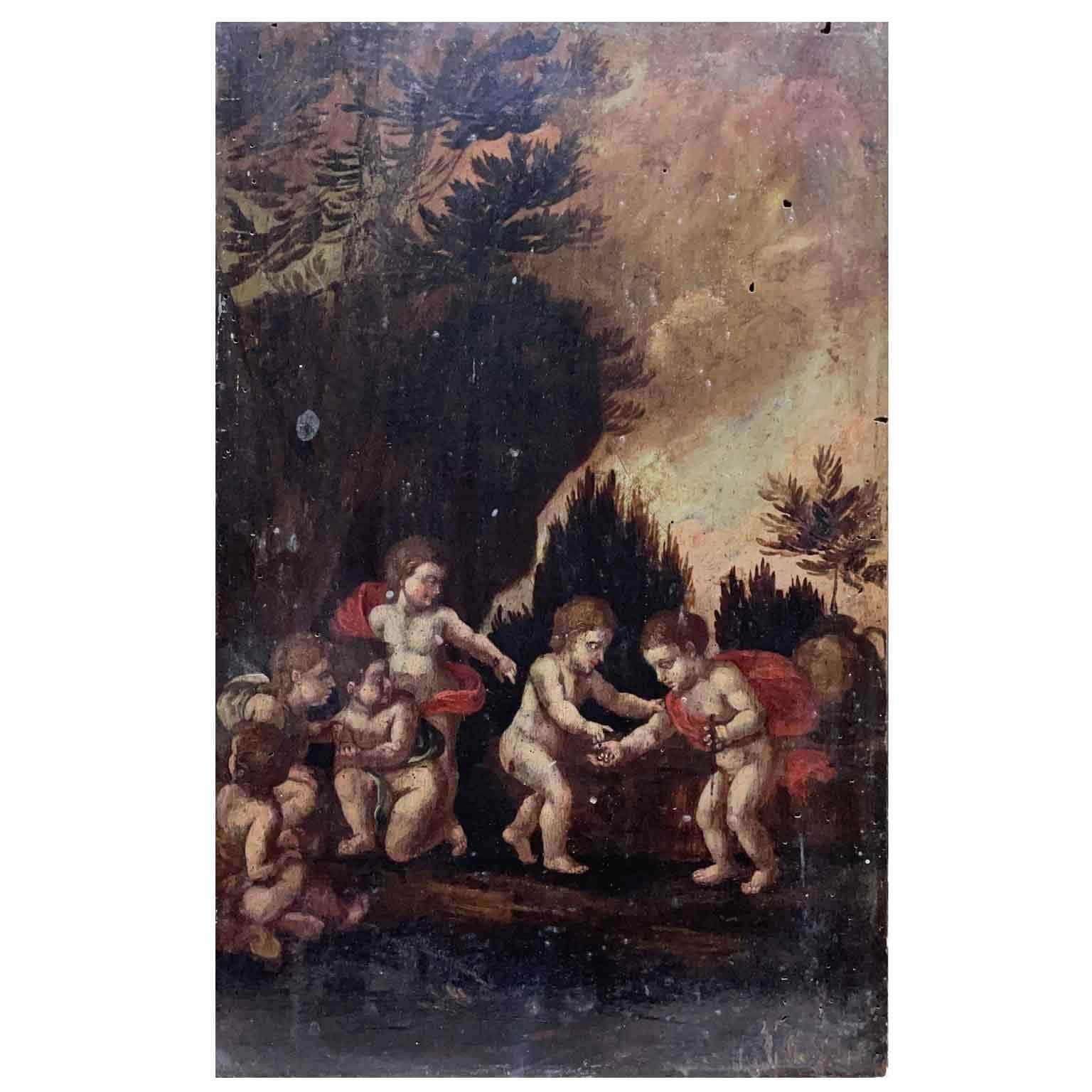 19th century pair of Putti oil paintings on wood, set of two walnut panels depicting woodland landscapes with cherubs playing of Italian origin. This set of two antique Italian putti Baroque style paintings dates back to mid 19th century and is in