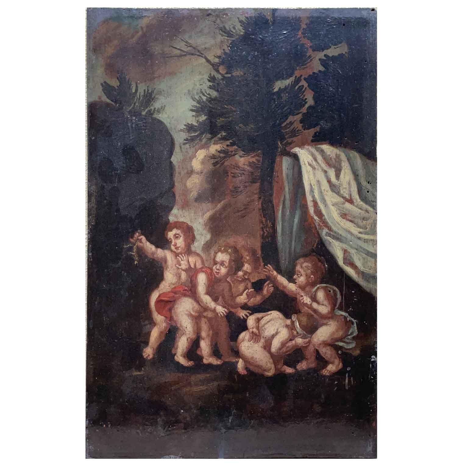 Paar italienische Cherub-Gemälde auf Holz, gerahmt, Barocksockel, 19. Jahrhundert (Italienisch) im Angebot