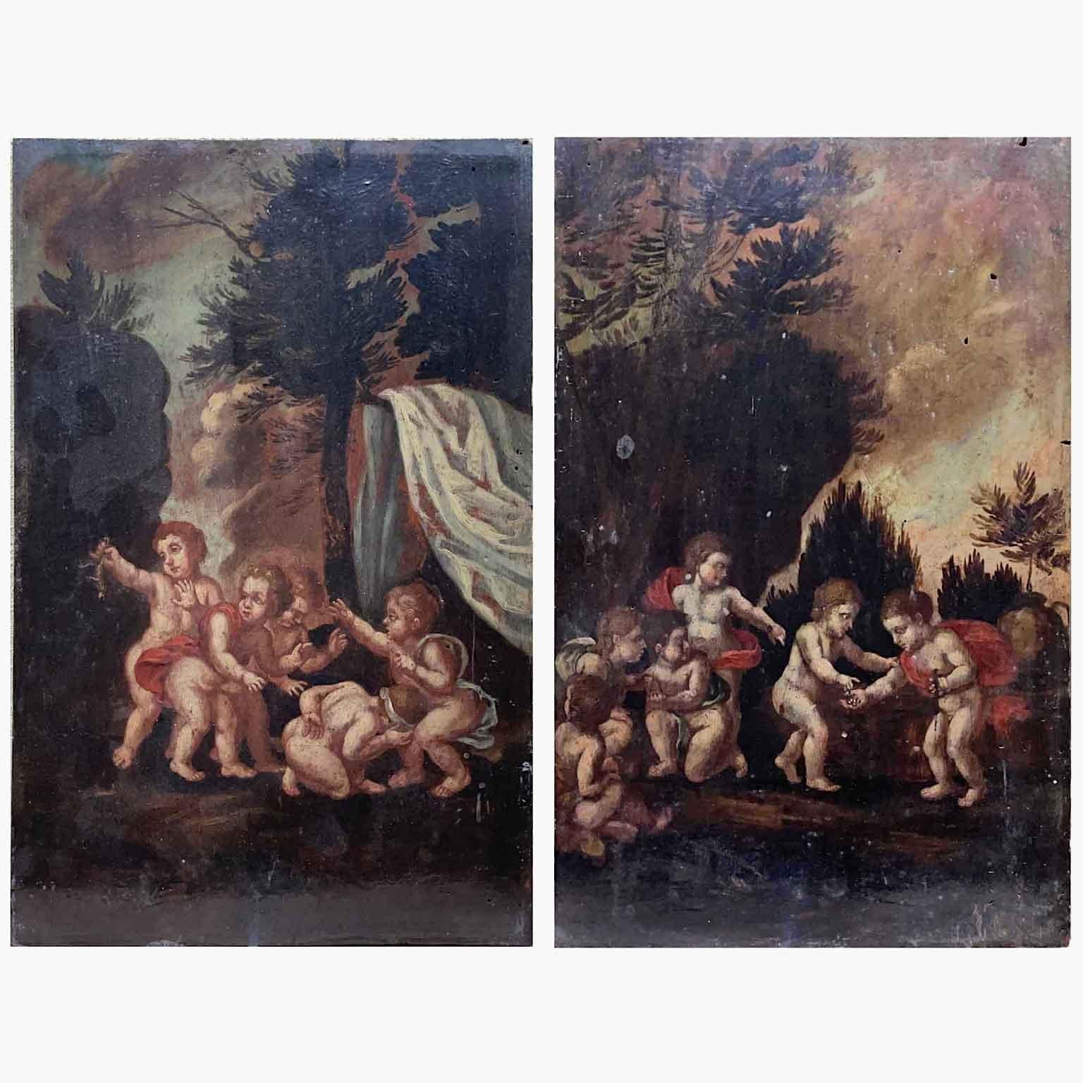 Paar italienische Cherub-Gemälde auf Holz, gerahmt, Barocksockel, 19. Jahrhundert (Handbemalt) im Angebot