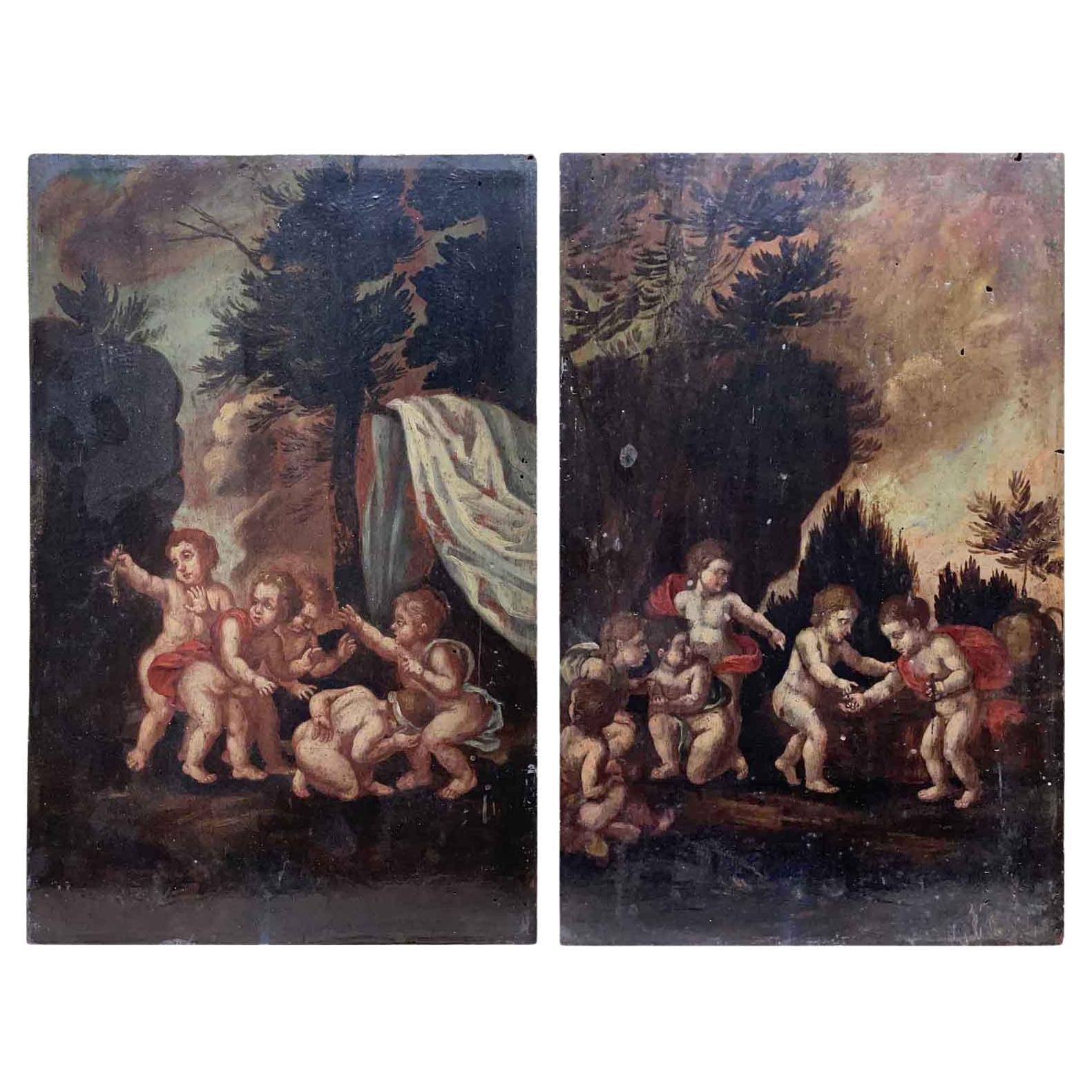 19th Century Italian Pair of Cherub Paintings on Wood Baroque Syle Framed For Sale