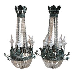 Antique 19th Century Italian Pair of Crystal and Bronze Ceiling Candleholder, 1890s