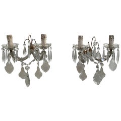 19th Century Italian Pair of Crystal Double Arm Appliques, 1890s