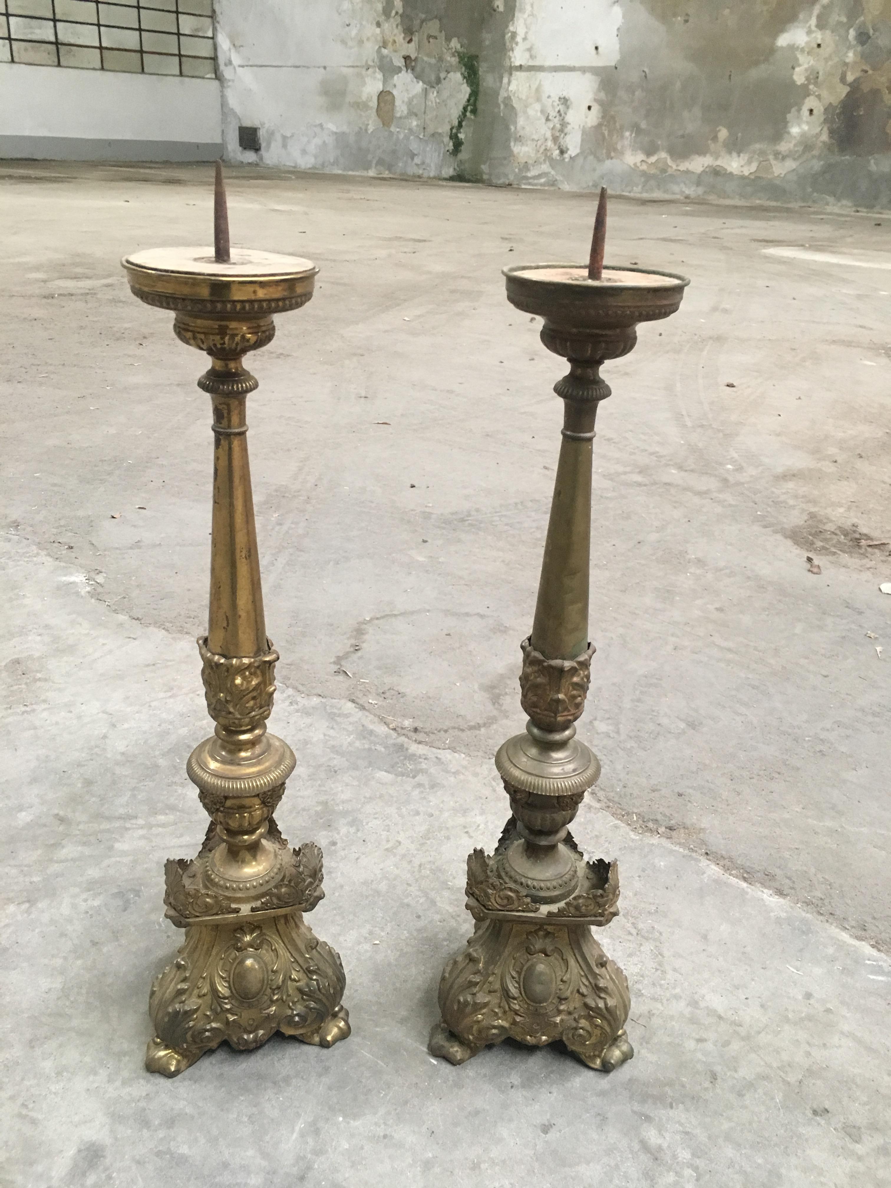19th century pair of Italian ecclesiastic altar brass candle holders in good vintage condition