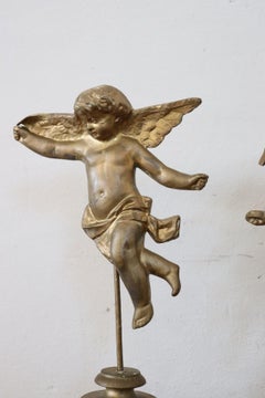 19th Century Italian Pair of Gilded Bronze Angels on a Wooden Base