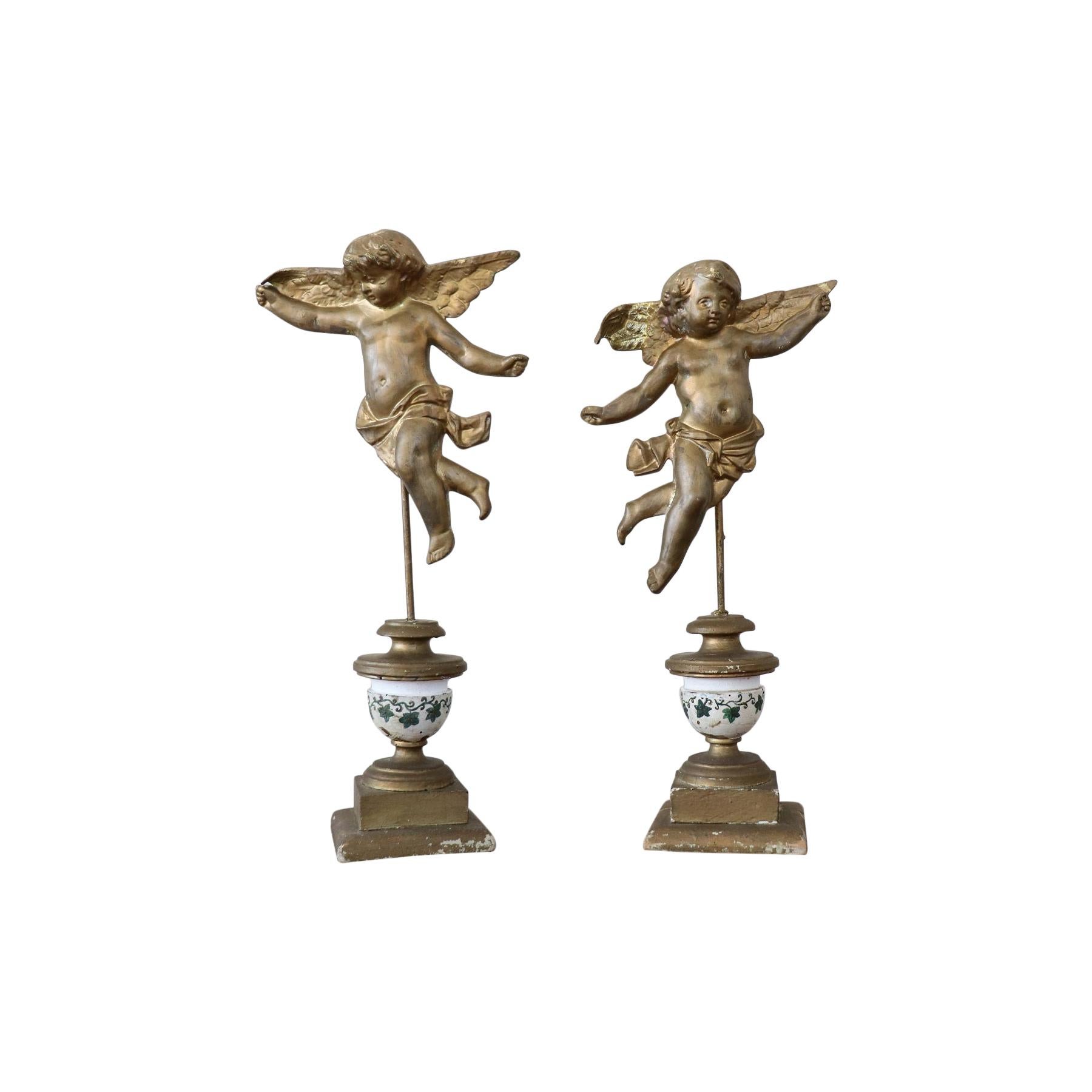 19th Century Italian Pair of Gilded Bronze Angels on a Wooden Base