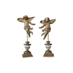 Antique 19th Century Italian Pair of Gilded Bronze Angels on a Wooden Base