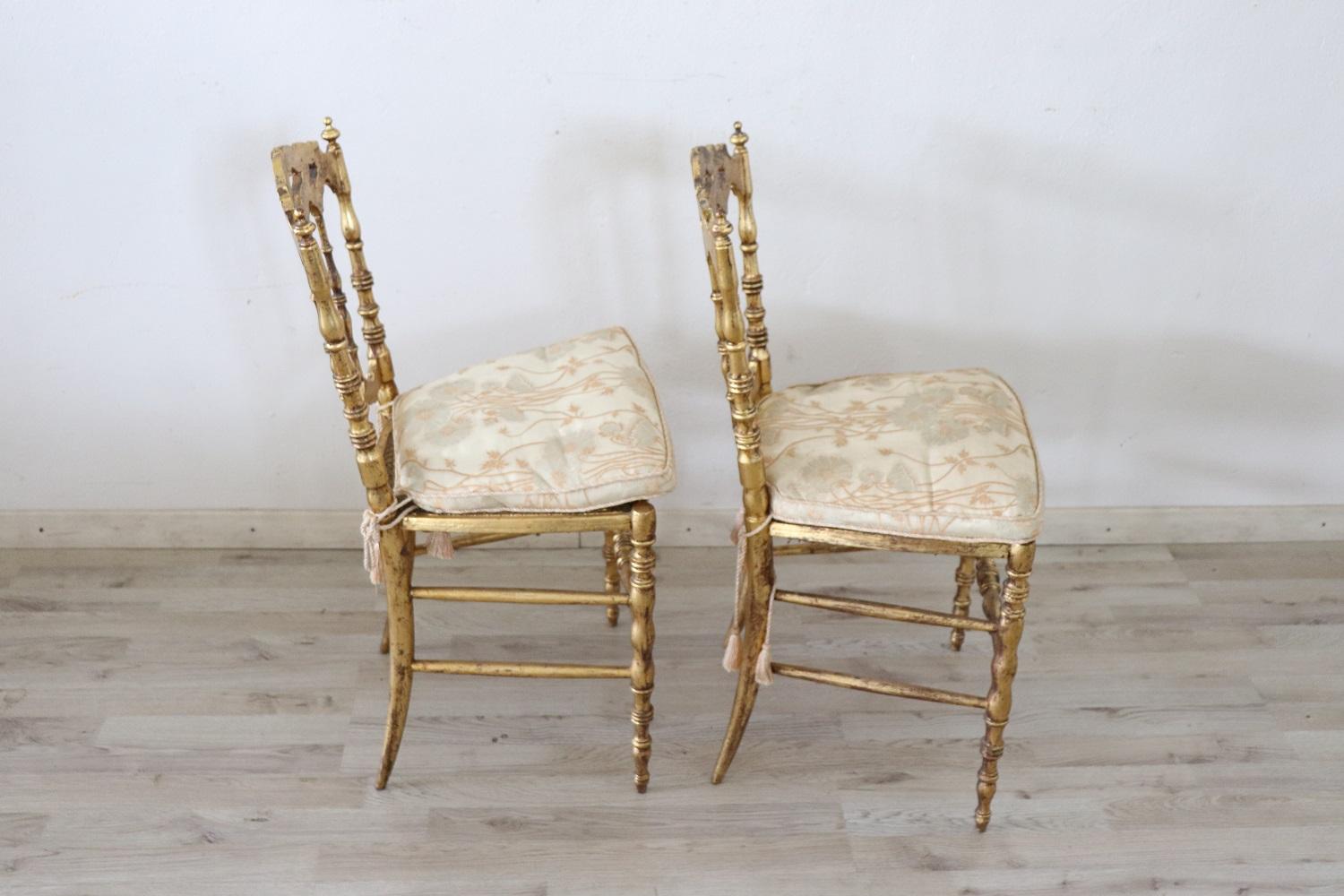 19th Century Italian Pair of Gilded Wood Chiavari Chairs with Vienna Straw For Sale 6