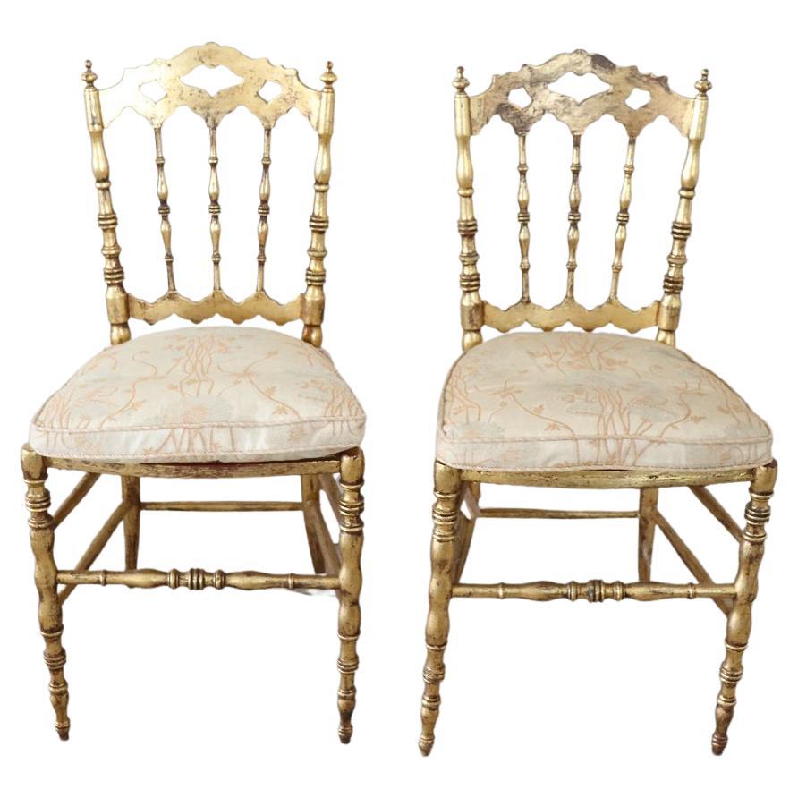 19th Century Italian Pair of Gilded Wood Chiavari Chairs with Vienna Straw For Sale