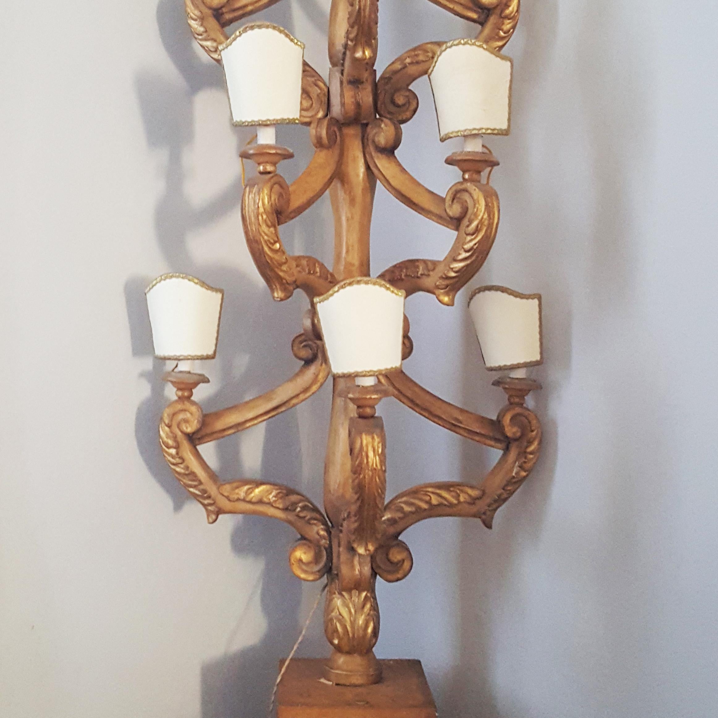 Hand-Carved 19th Century Italian Pair of Gilt Poplar Wood Eleven-Light Candelabra For Sale