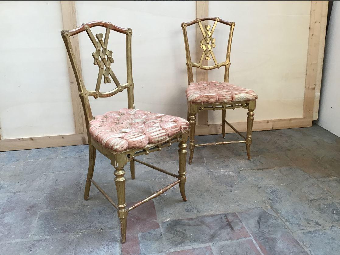 19th century Italian pair of gilt wooden chairs with original upholstery, 1890s.