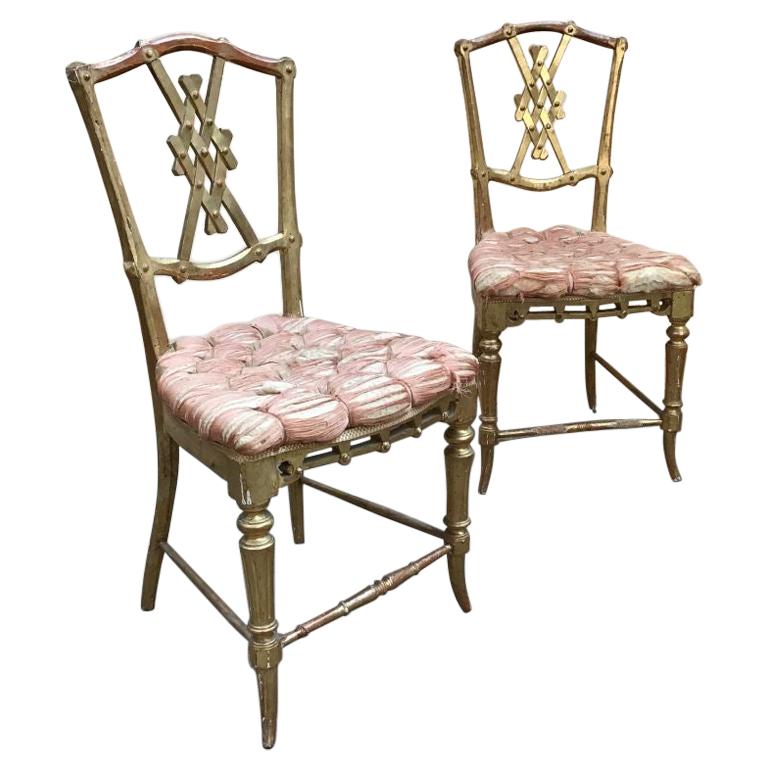 19th Century Italian Pair of Gilt Wooden Chairs with Original Upholstery, 1890s For Sale