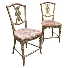 Antique 19th Century Italian Pair of Gilt Wooden Chairs with Original Upholstery, 1890s