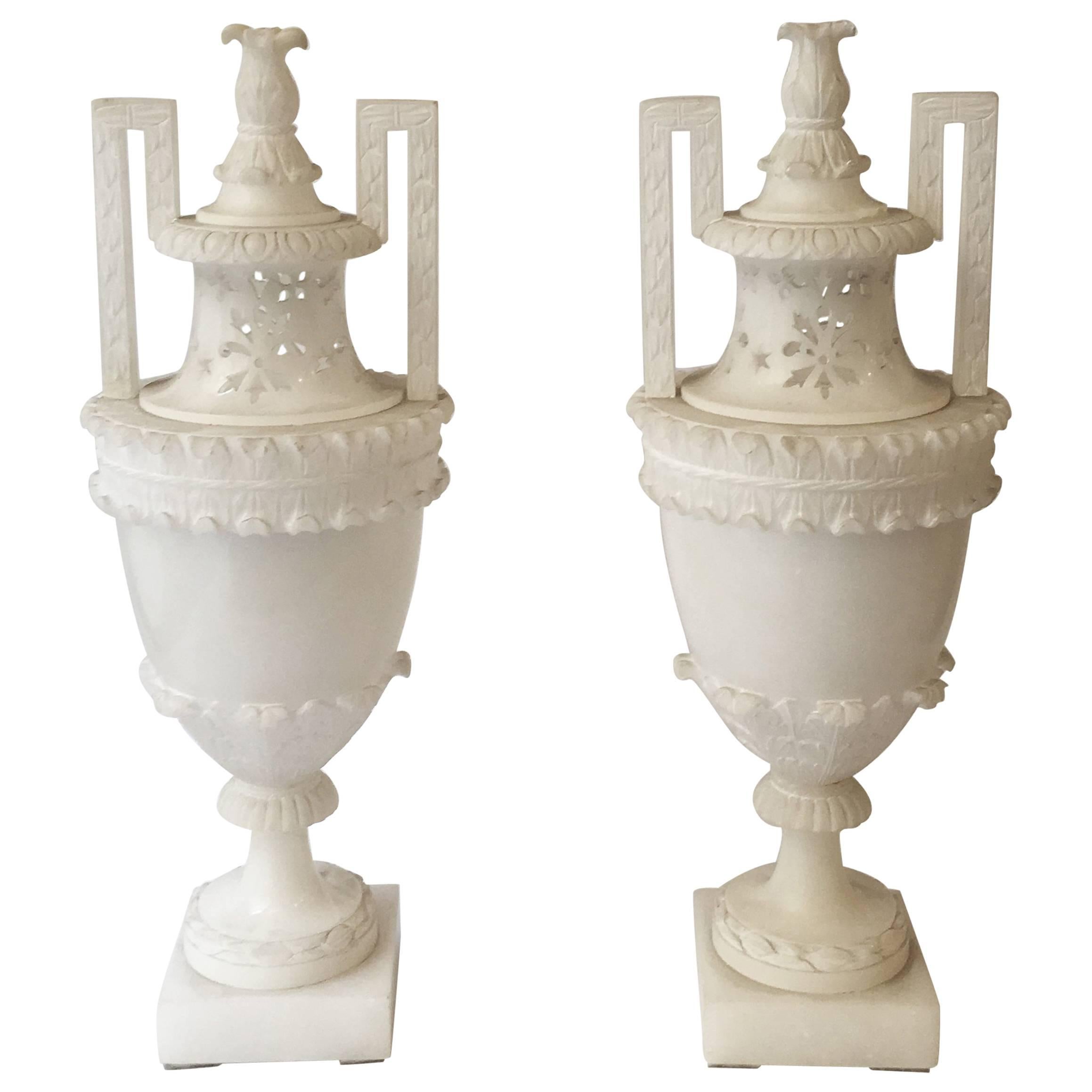 19th Century Italian Pair of Hand-Carved Neoclassical Alabaster Vases or Urns For Sale