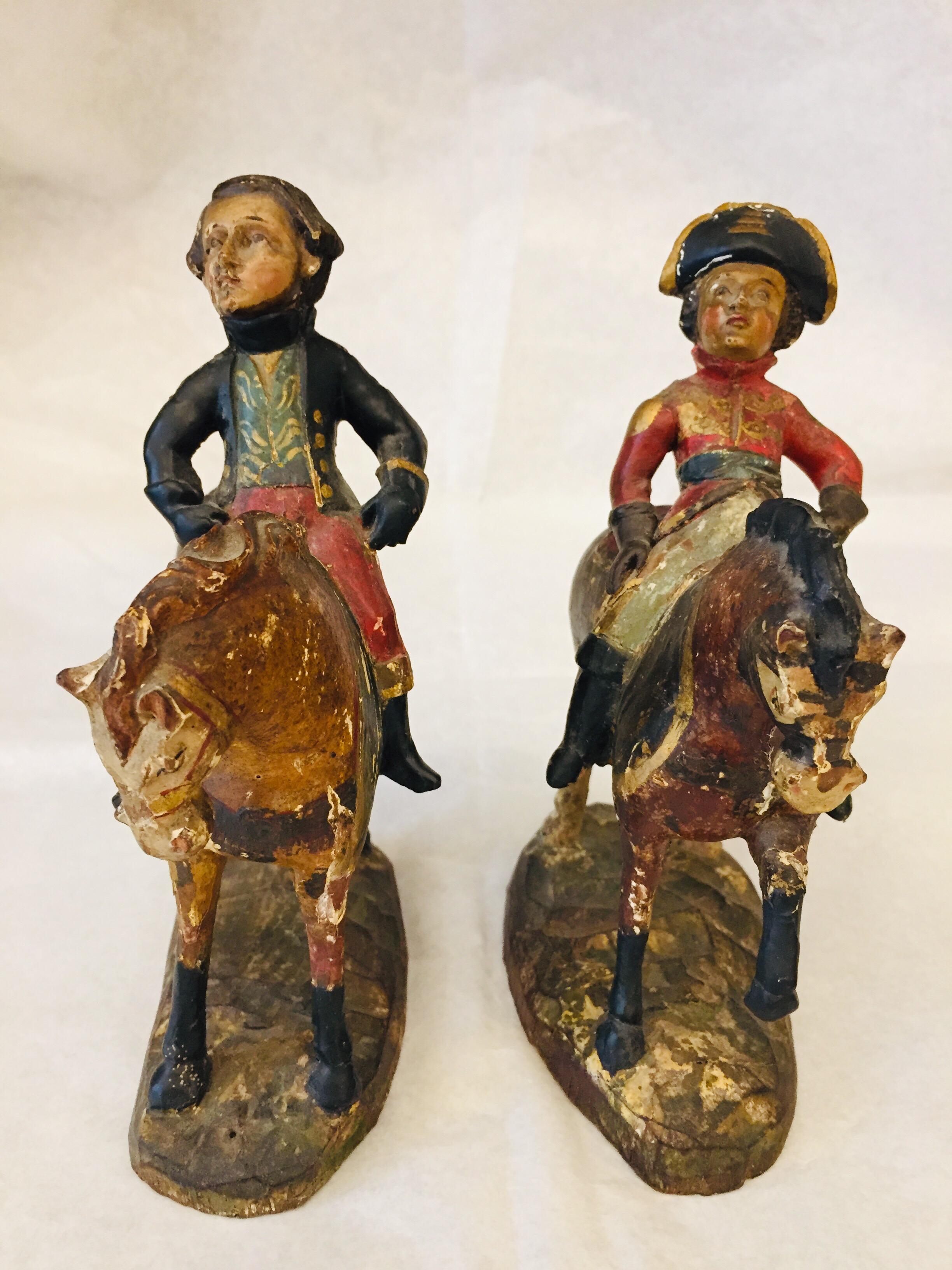 19th Century Italian Pair of Knights Sculptures Hand Carved Equestrian Soldiers 1