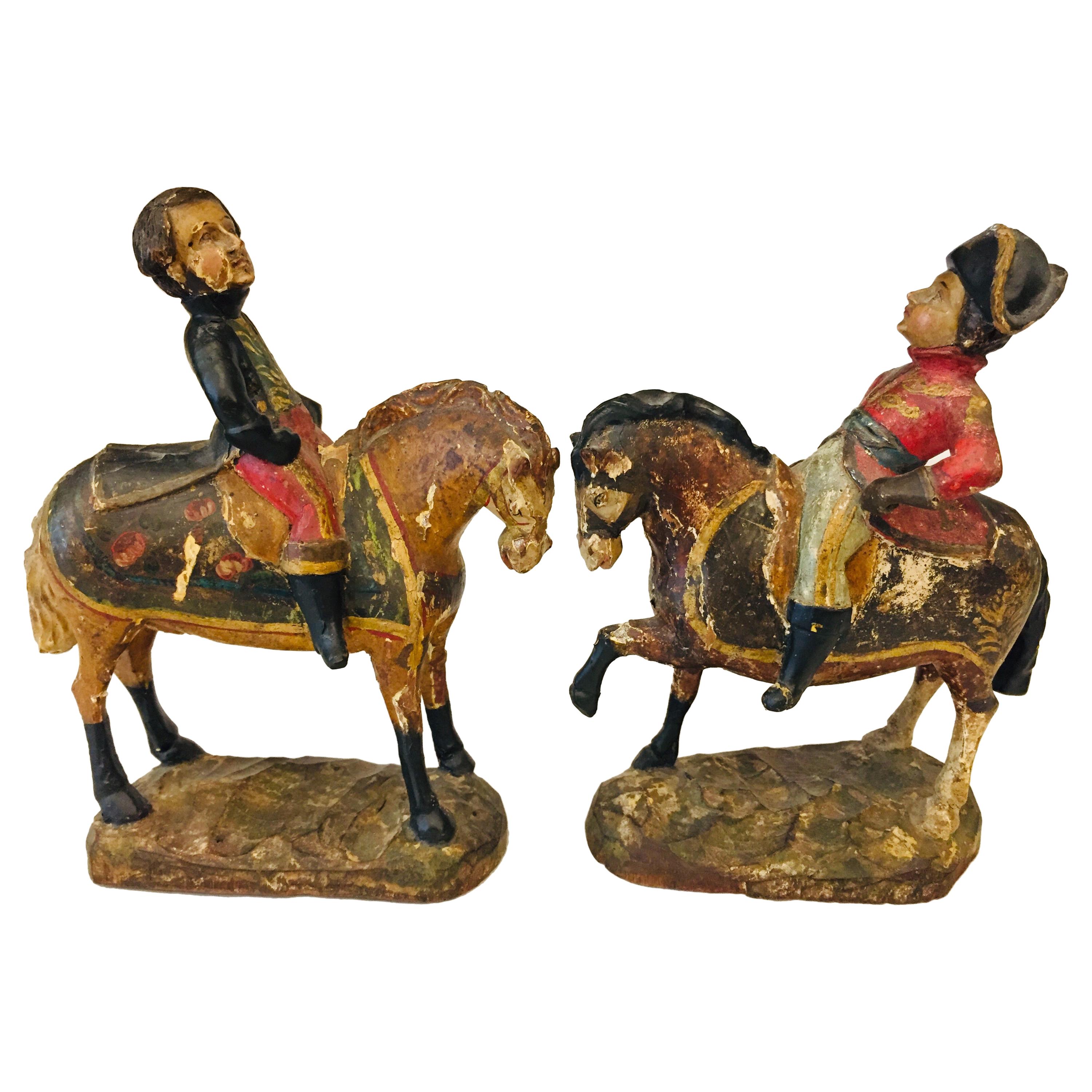 19th Century Italian Pair of Knights Sculptures Hand Carved Equestrian Soldiers