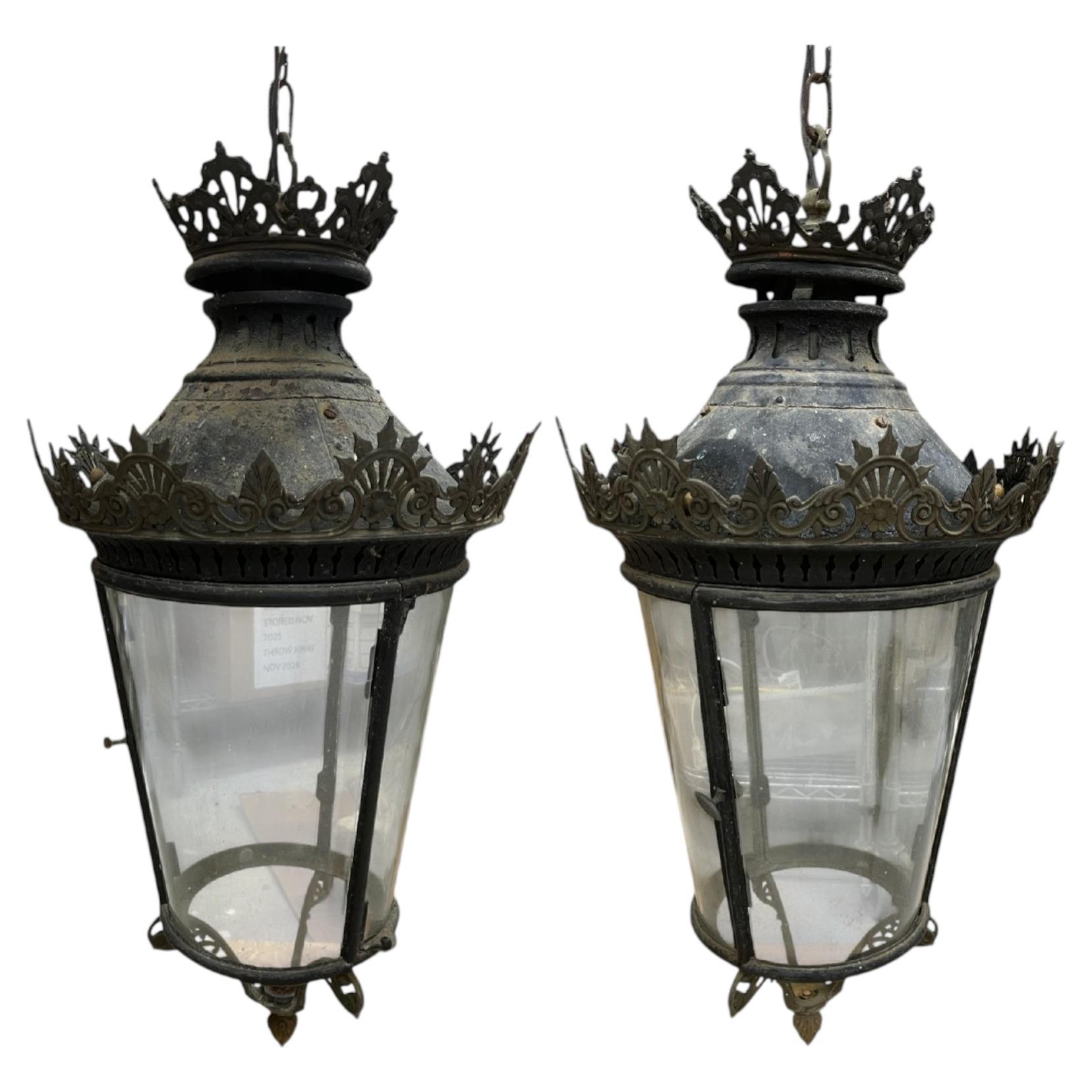19th Century Italian Pair of Lanterns with Glass