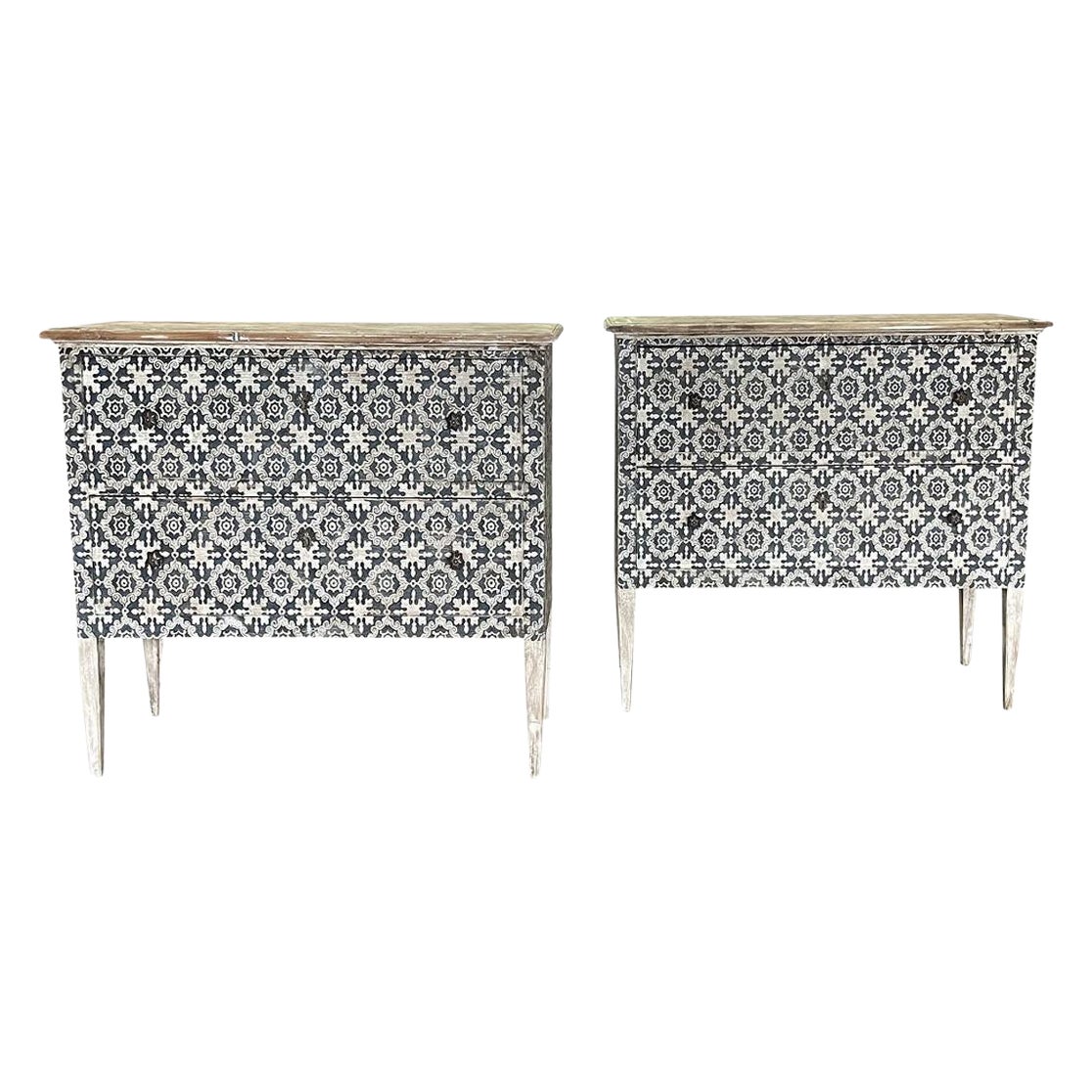 Coppia di grandi commodes floreali in pino dell'Arte Povera del 19° secolo