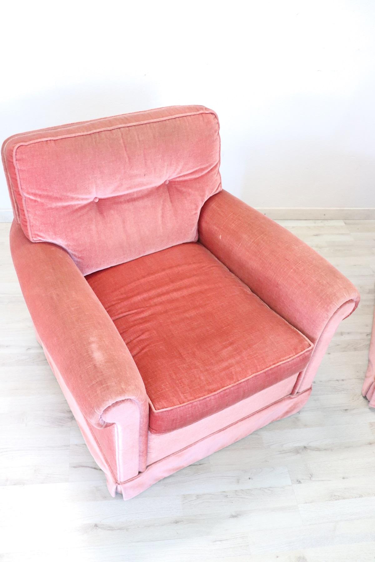 Italian pair of armchairs very comfortable with pink velvet. Used but in good condition ready to be used in your beautiful home. This armchair is perfect for relaxing moments.