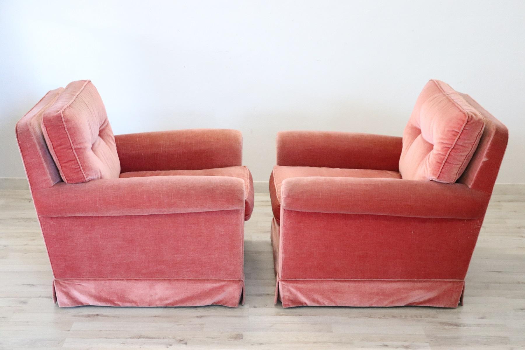 Late 20th Century 19th Century Italian Pair of Pink Velvet Armchairs, 1980s