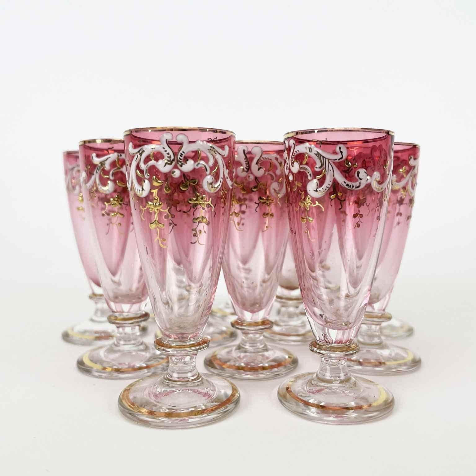 Louis XVI 19th Century Italian Parcel Gilt and Rose Glass Liqueur Set Tantalus For Sale