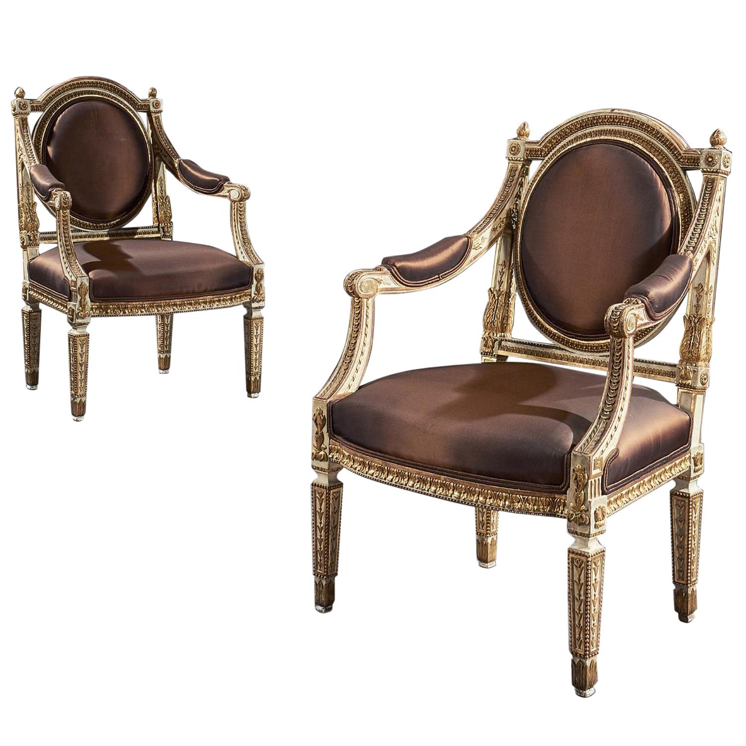 19th Century Italian Parcel Gilt Armchairs of Neoclassical Design