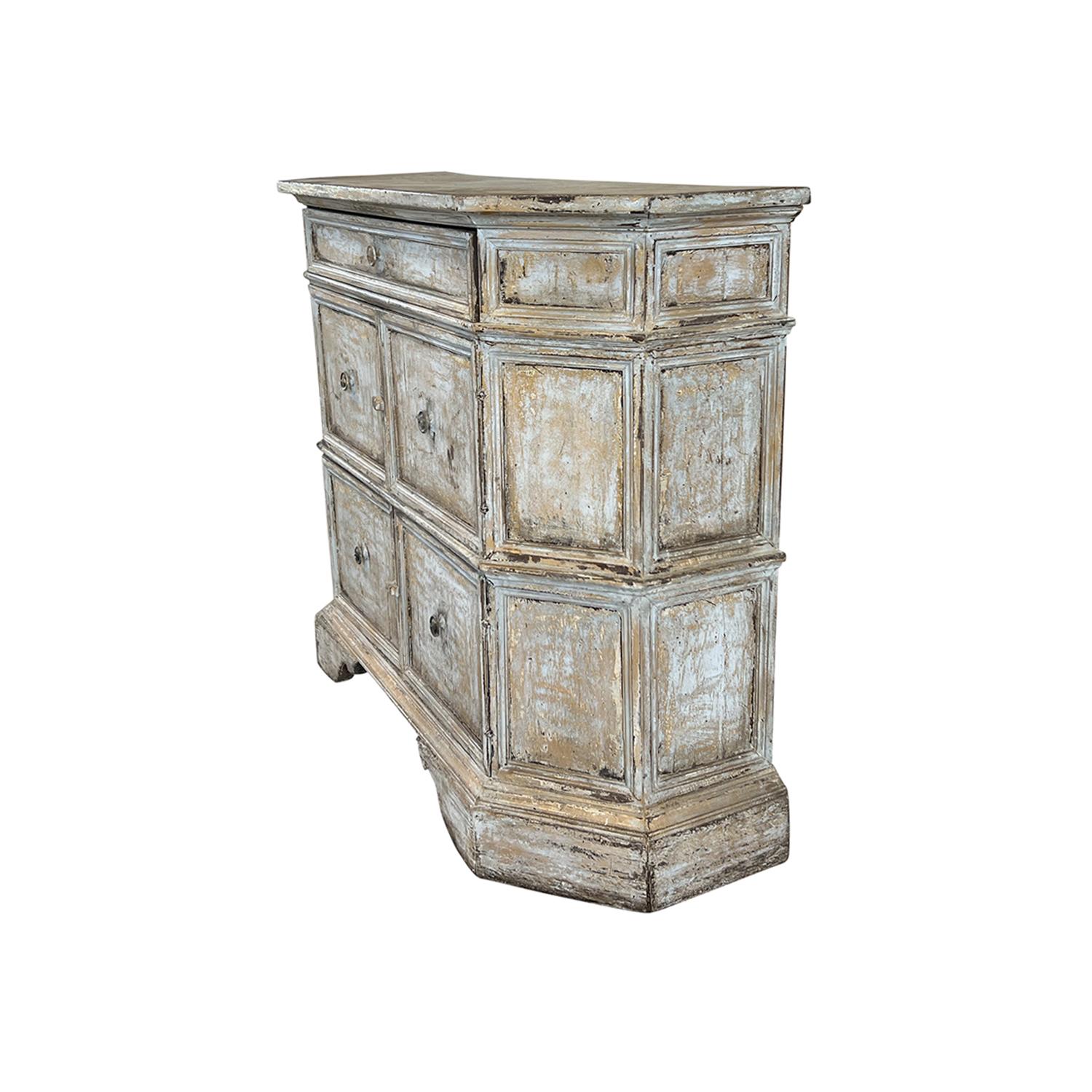 Hand-Carved 19th Century Italian Pastel Blue Pinewood Credenza - Antique Tuscan Cabinet For Sale