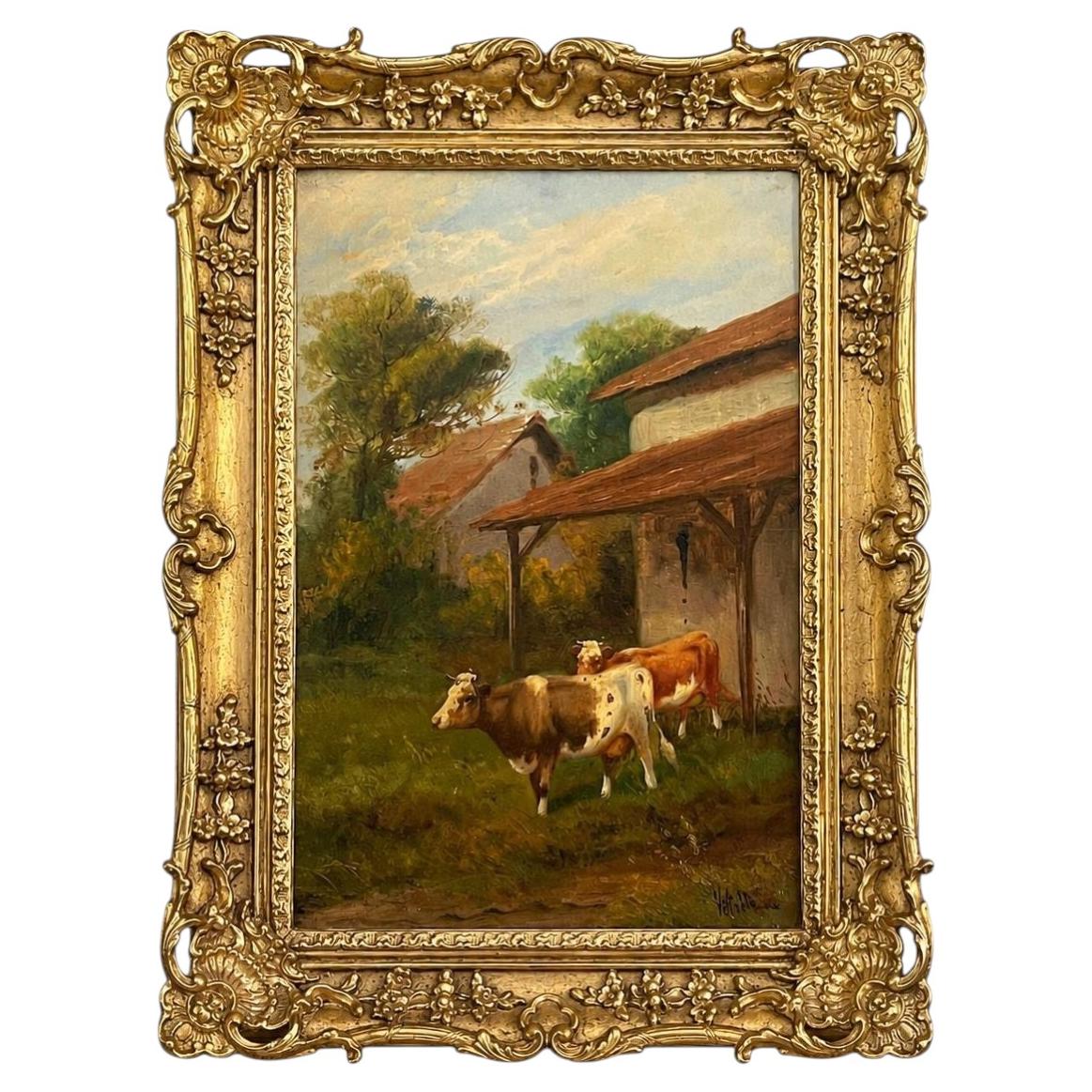 19th Century Italian Pastoral Cow Painting Signed by Vitolla