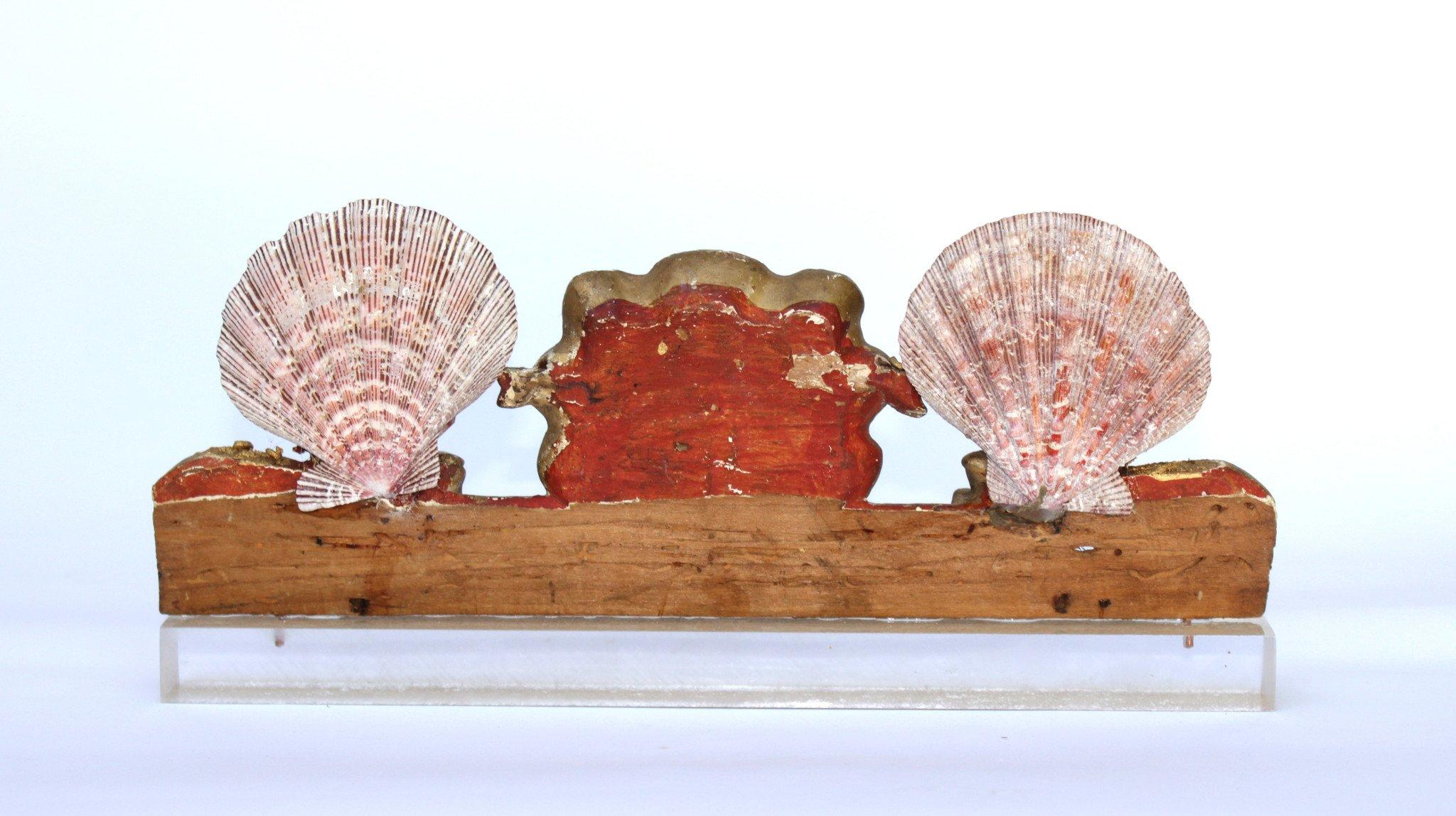 Hand-Carved 19th Century Italian Peditment Fragment with Pectin Shells and Crystal on Lucite For Sale