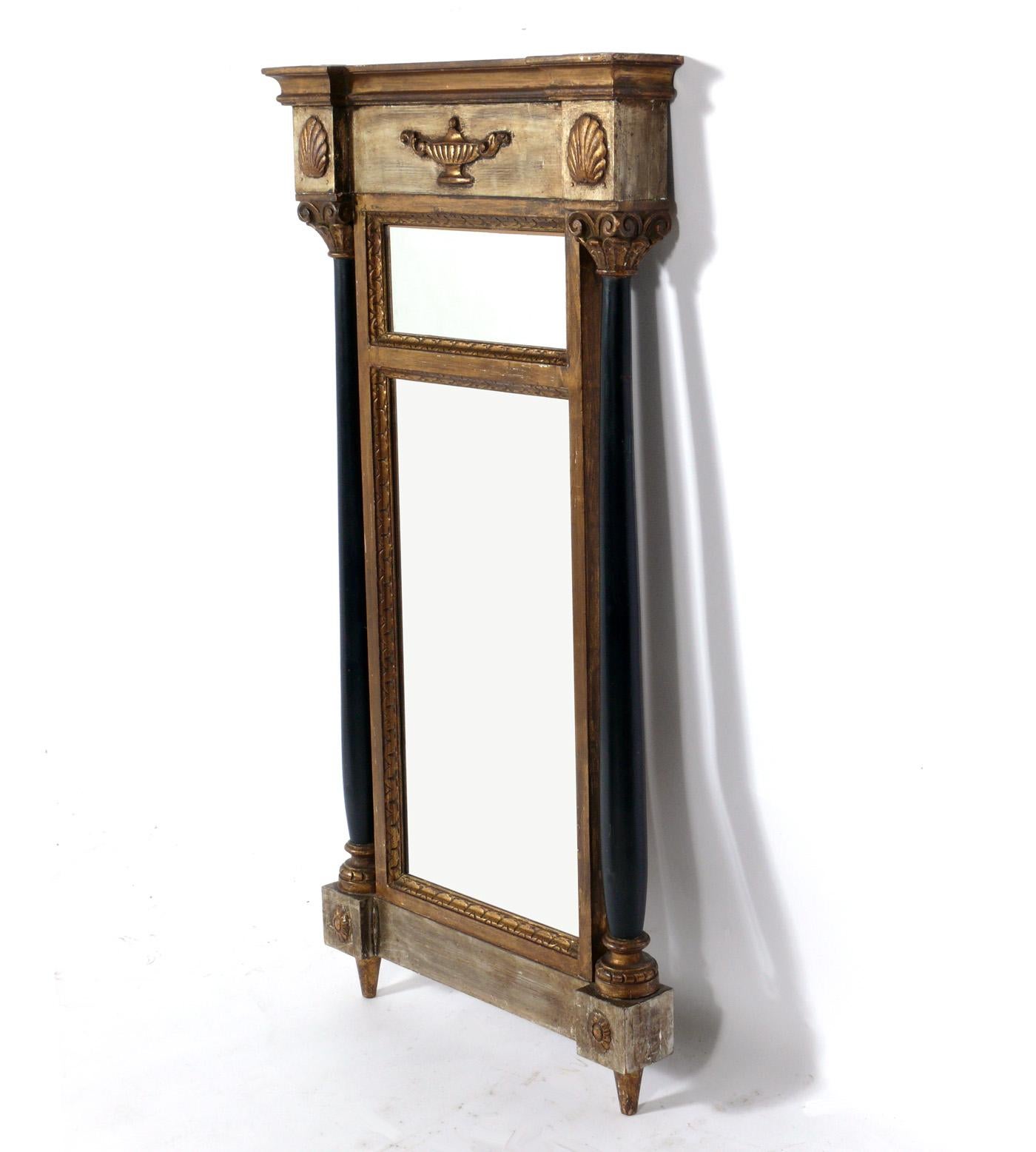 19th Century Italian Pier Mirror, Italy, circa 19th Century. Retains wonderful original patina to the parcel gilt and painted wood frame. Mirror has been replaced at some point. It measures an impressive 47.75