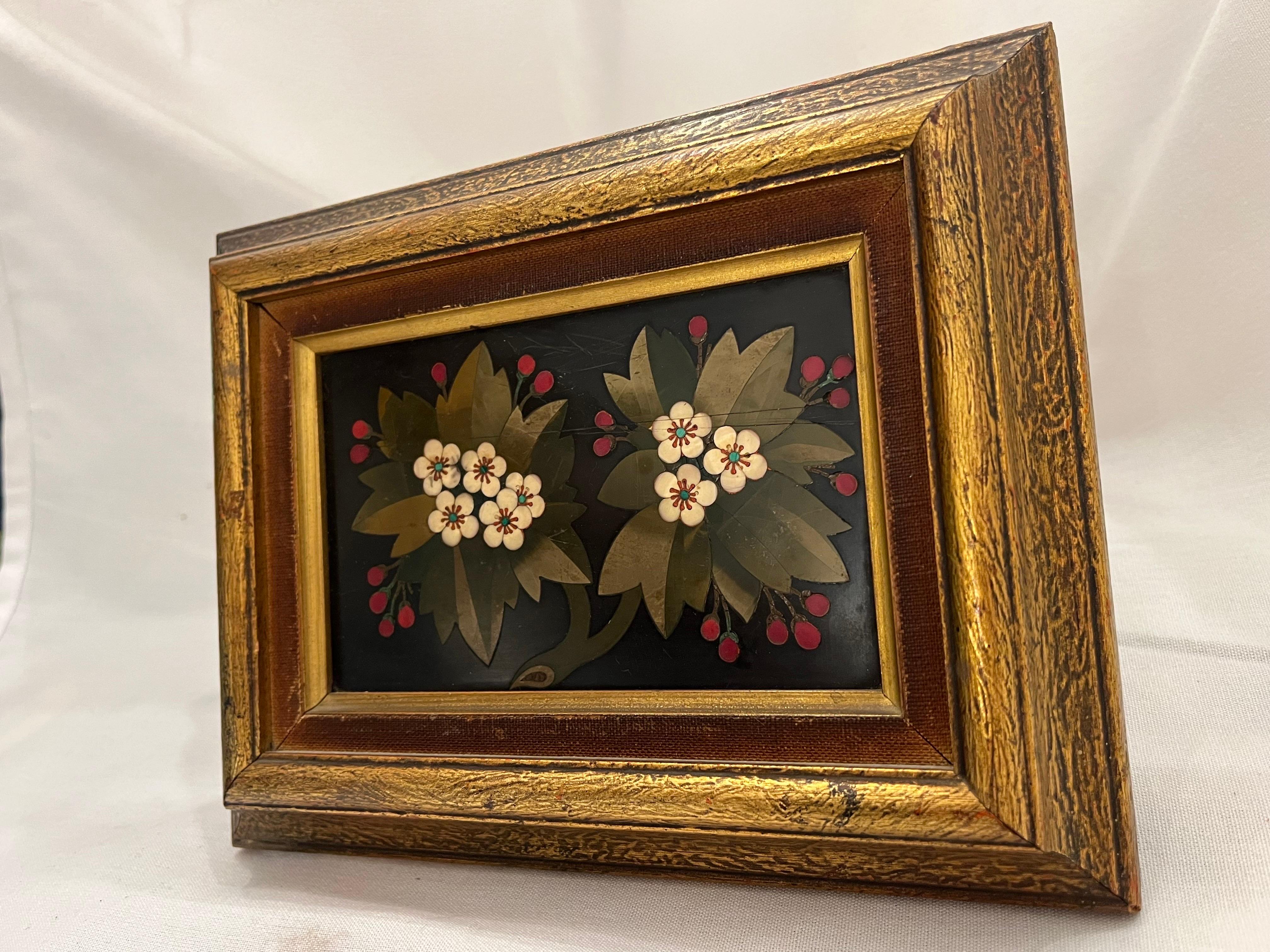 19th Century Italian Pietra Dura Antique Floral Still Life Hard Stone in Frame 1