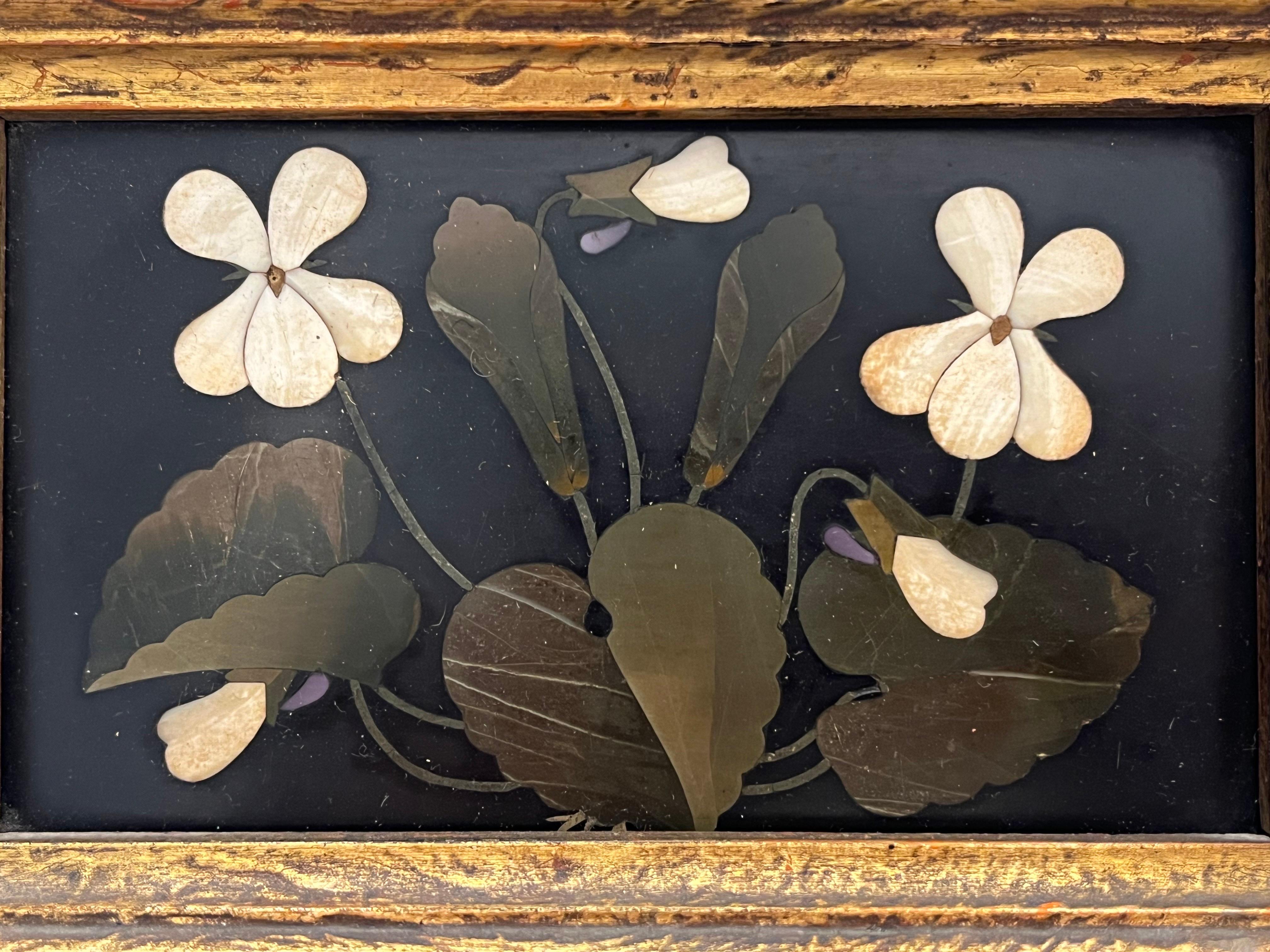 19th Century Italian Pietra Dura Antique Floral Still Life Hardstone in Frame 5