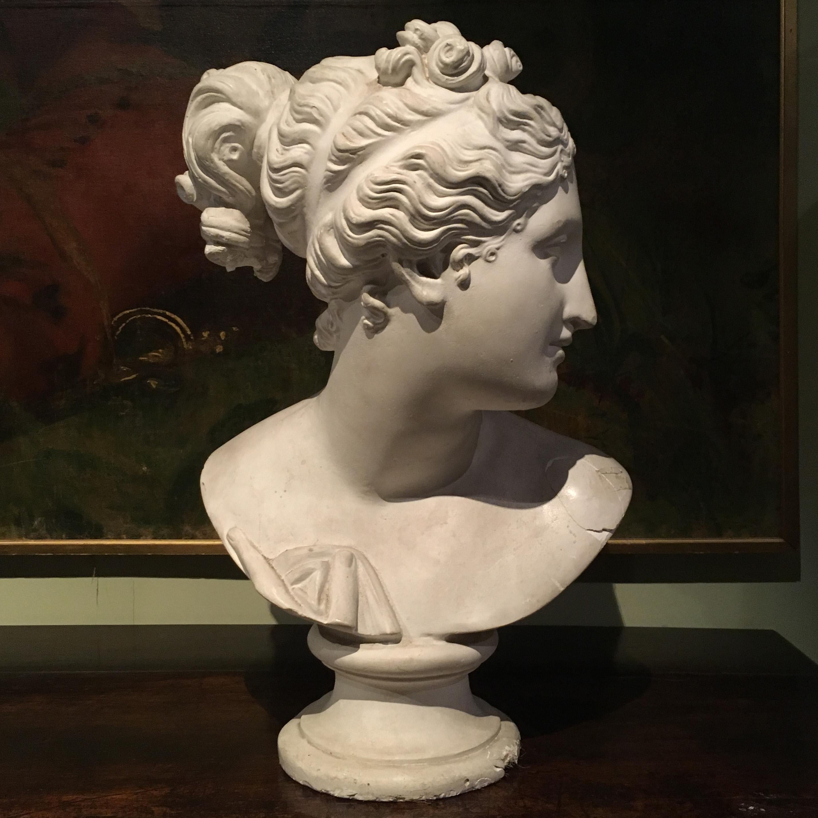 An elegant bust of a man, made in plaster, after an antique model.
Italy, late 19th century.
