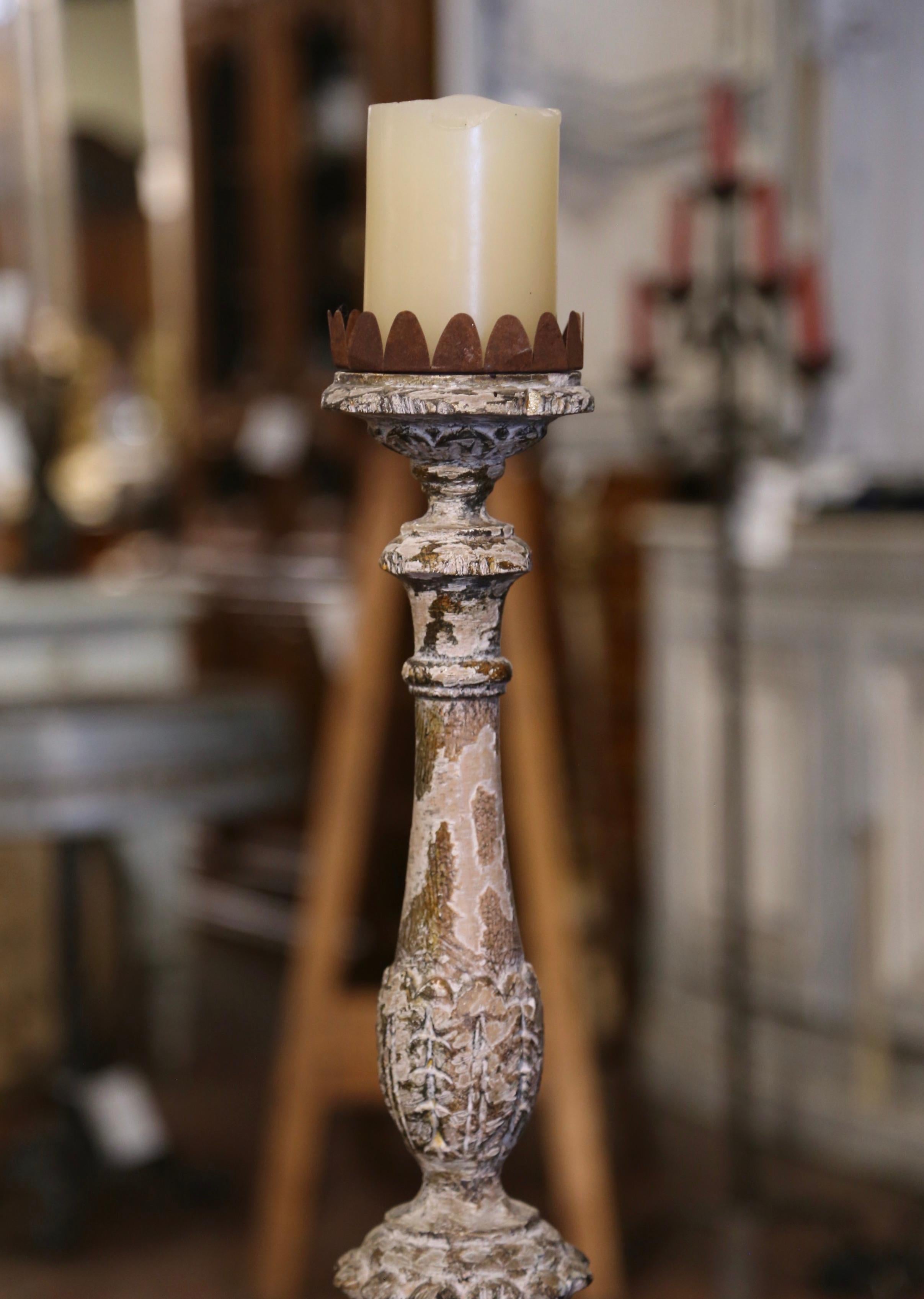 Louis XV 19th Century Italian Polychrome Carved Giltwood and Painted Candlestick For Sale