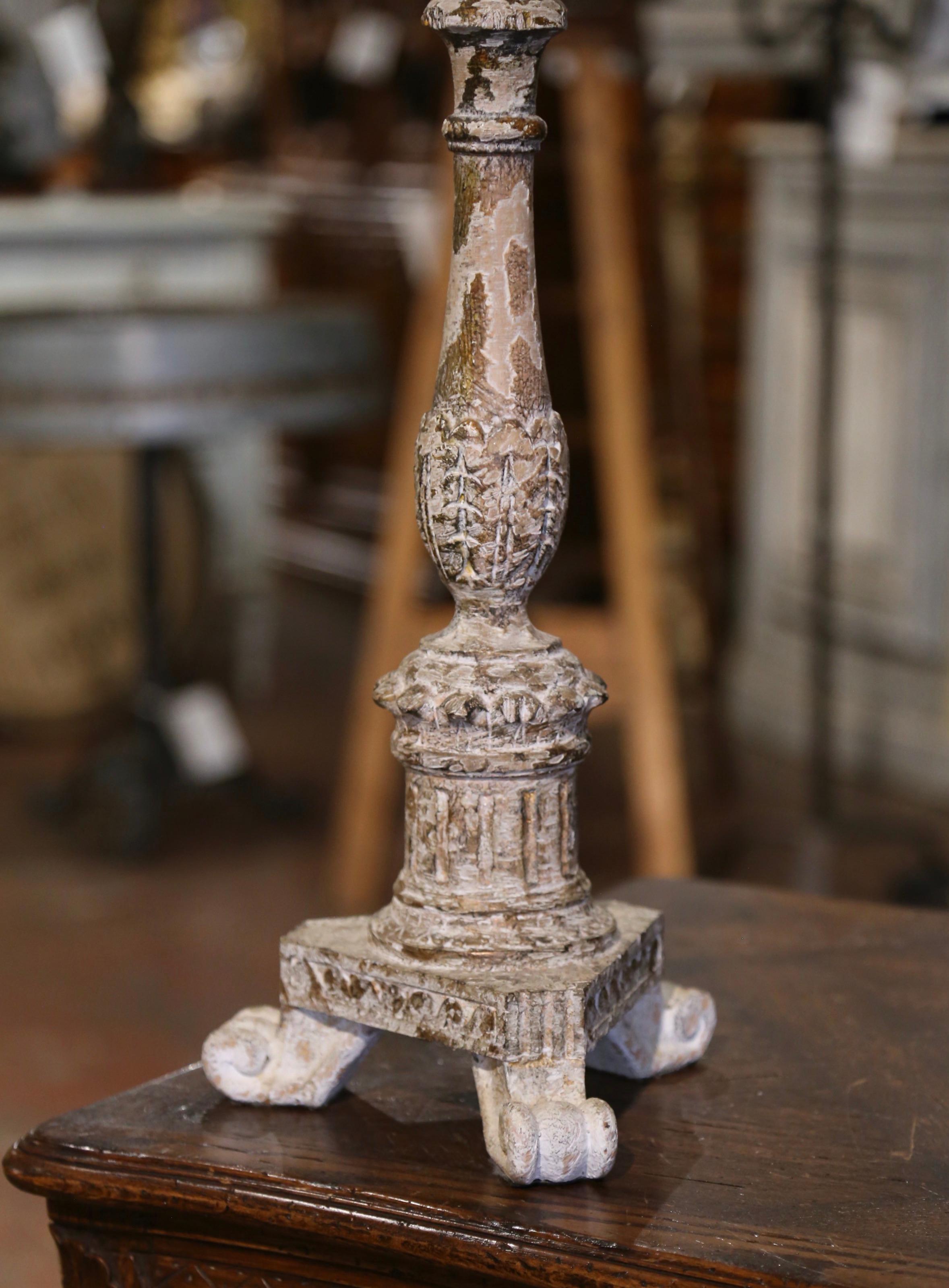 Hand-Carved 19th Century Italian Polychrome Carved Giltwood and Painted Candlestick For Sale