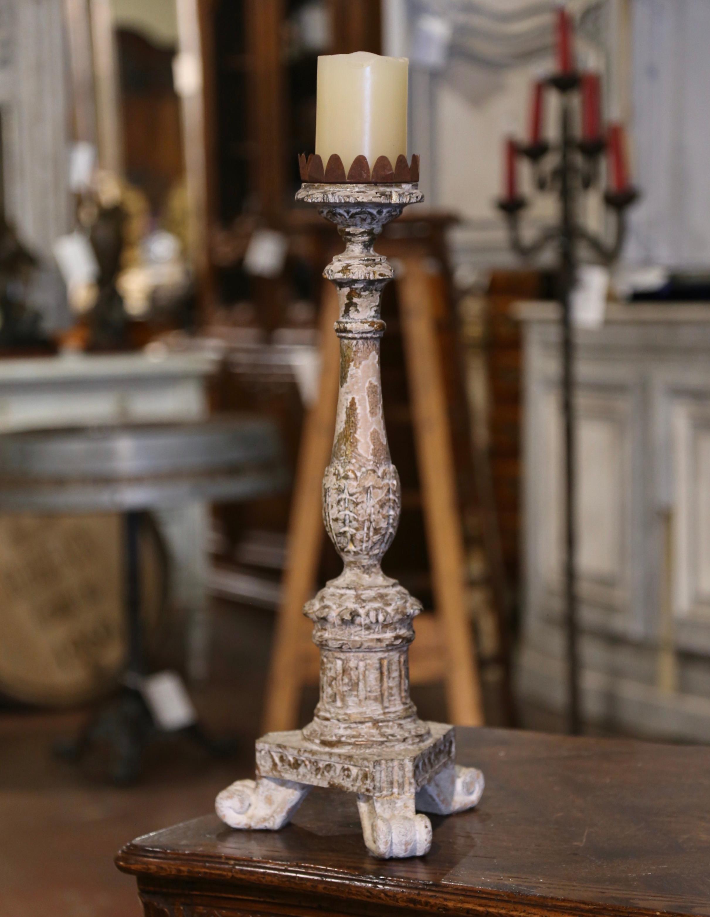 19th Century Italian Polychrome Carved Giltwood and Painted Candlestick In Excellent Condition For Sale In Dallas, TX